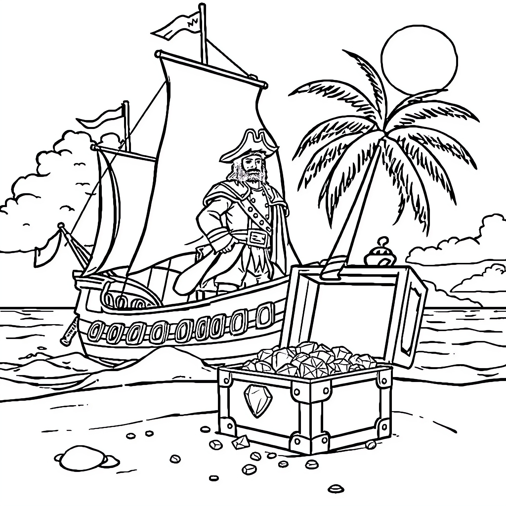 Santiago's Pirate Adventure on the High Seas Coloring Page (free black-and-white line drawing printable PDF for all, from beginners to advanced learners, including children, teens, adults, and seniors)