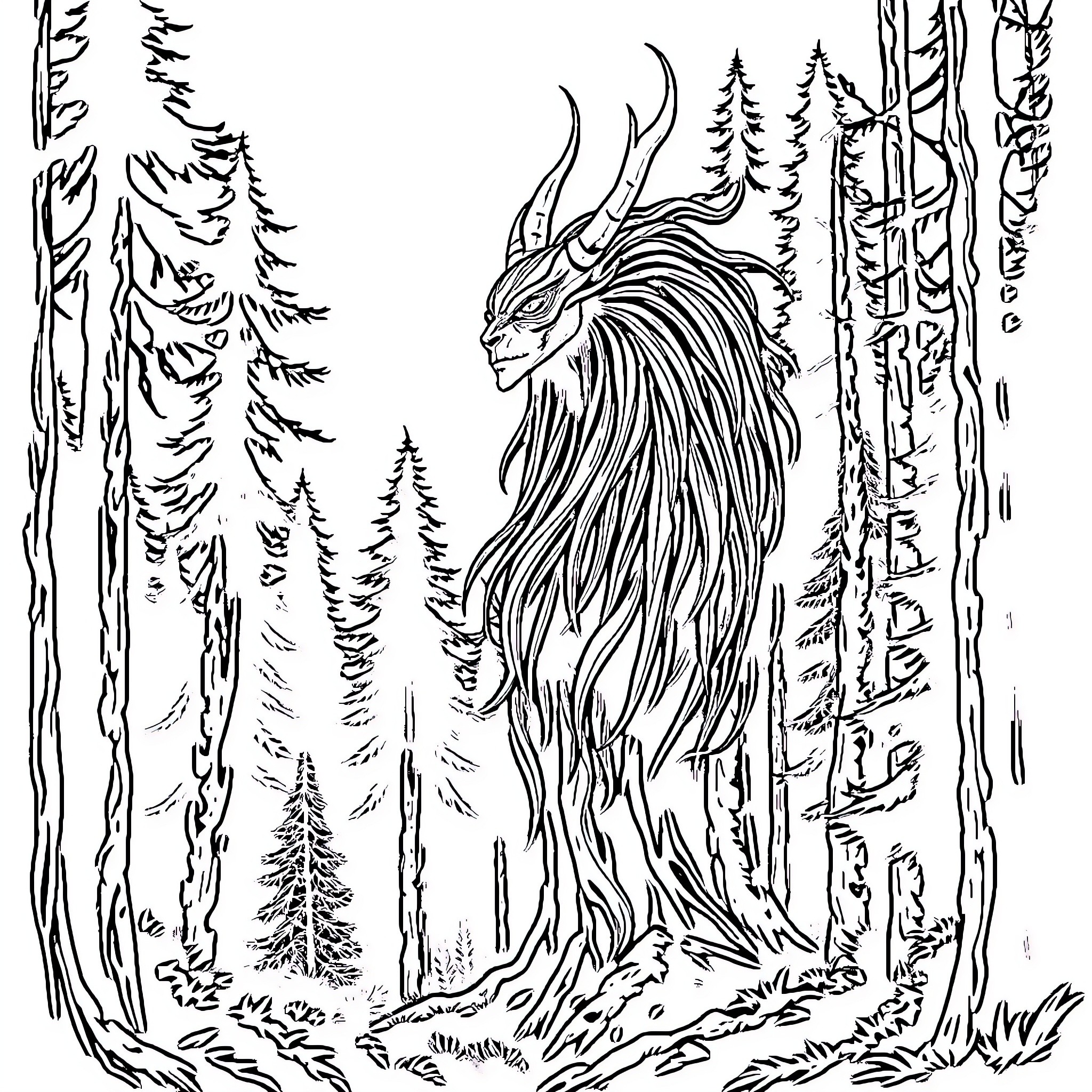 Siren Head in a Mysterious Forest Realm Coloring Page (free black-and-white line drawing printable PDF for all, from beginners to advanced learners, including children, teens, adults, and seniors)