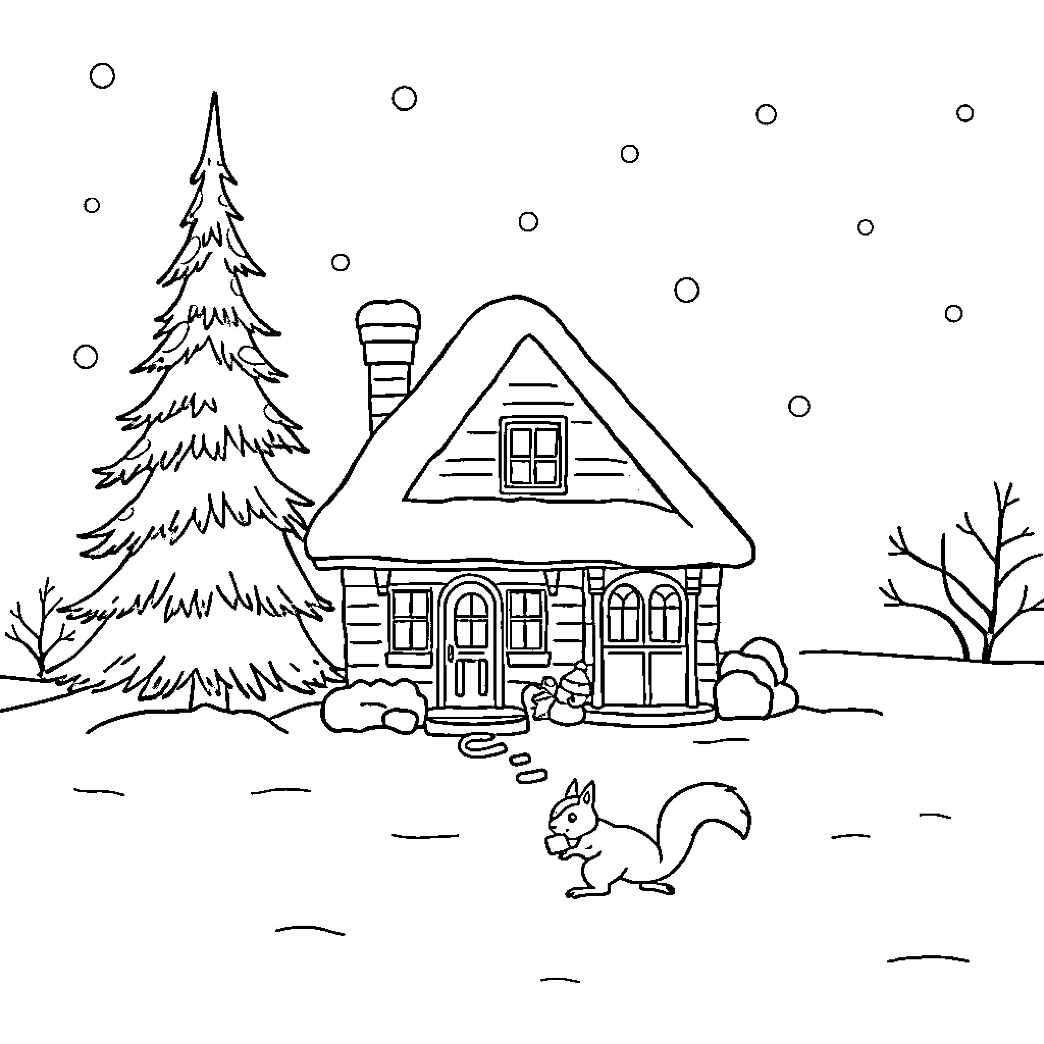 House in Snowy Winter Landscape with Squirrel Coloring Page (free black-and-white line drawing printable PDF for all, from beginners to advanced learners, including children, teens, adults, and seniors)