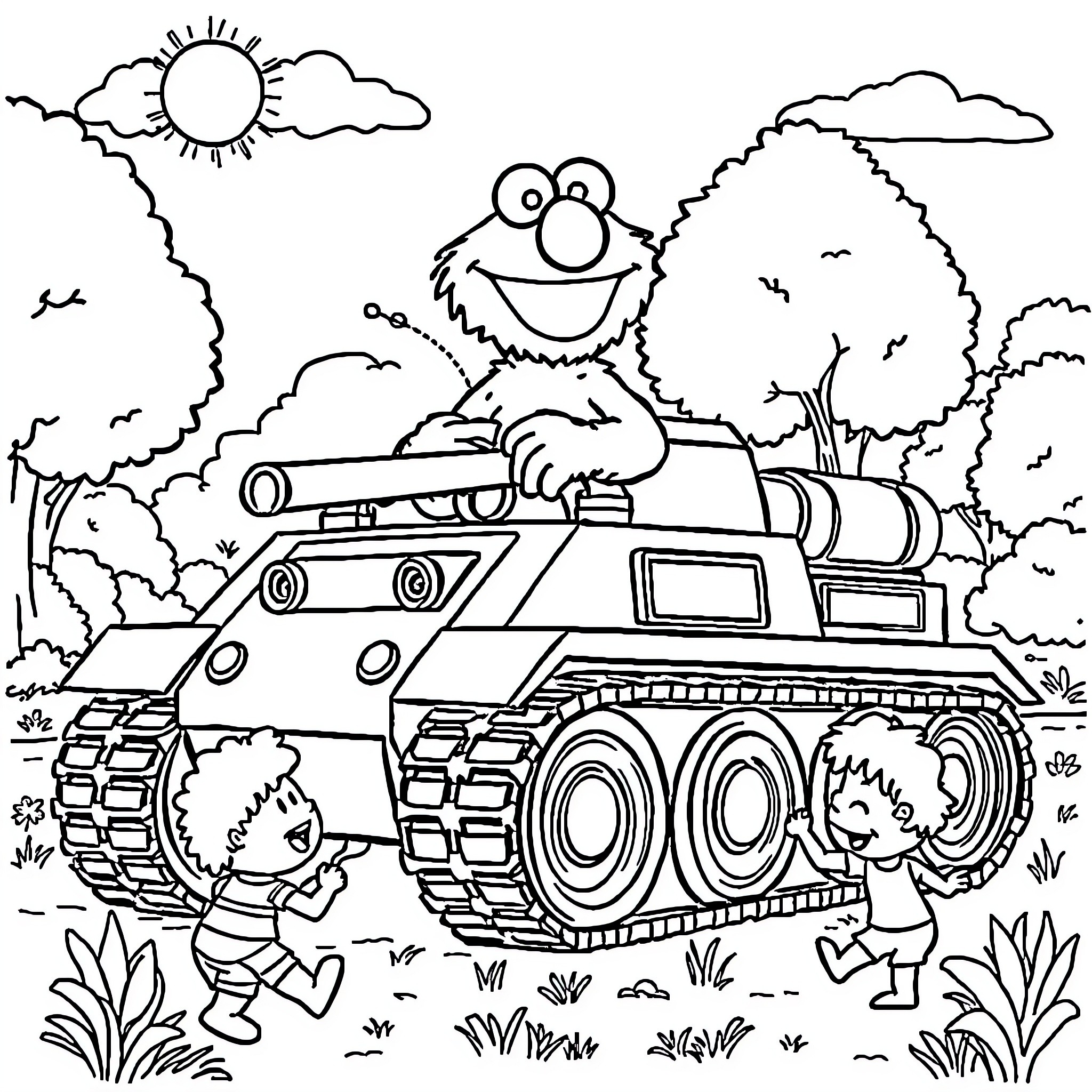 Elmo Happily Riding a Powerful Tank Coloring Page (free black-and-white line drawing printable PDF for all, from beginners to advanced learners, including children, teens, adults, and seniors)