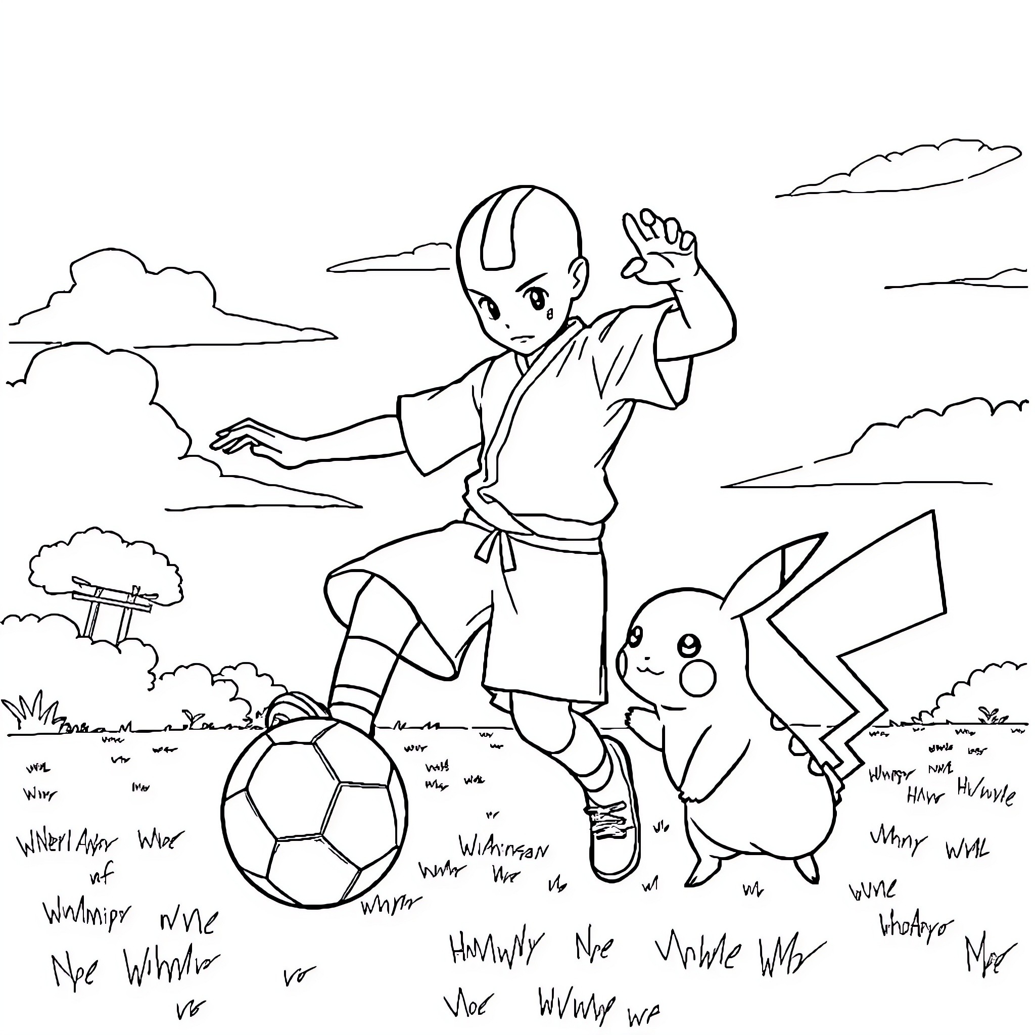 Avatar playing soccer with a cute companion Coloring Page (free black-and-white line drawing printable PDF for all, from beginners to advanced learners, including children, teens, adults, and seniors)