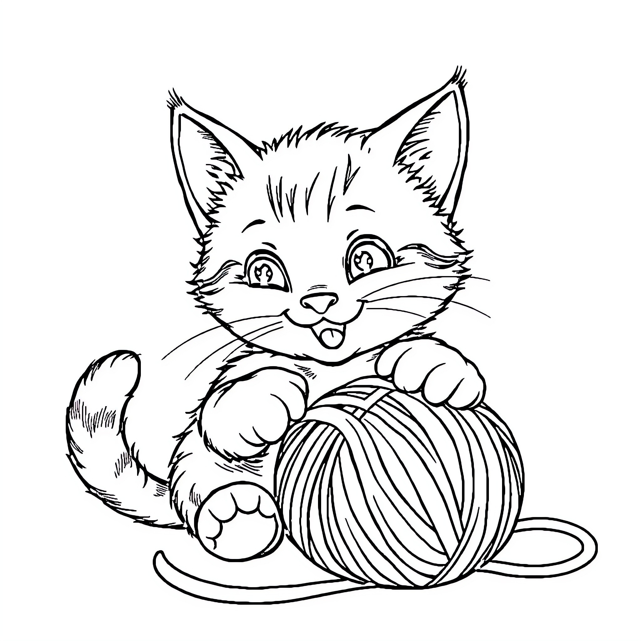 Cat playing with yarn ball Coloring Page (free black-and-white line drawing printable PDF for all, from beginners to advanced learners, including children, teens, adults, and seniors)