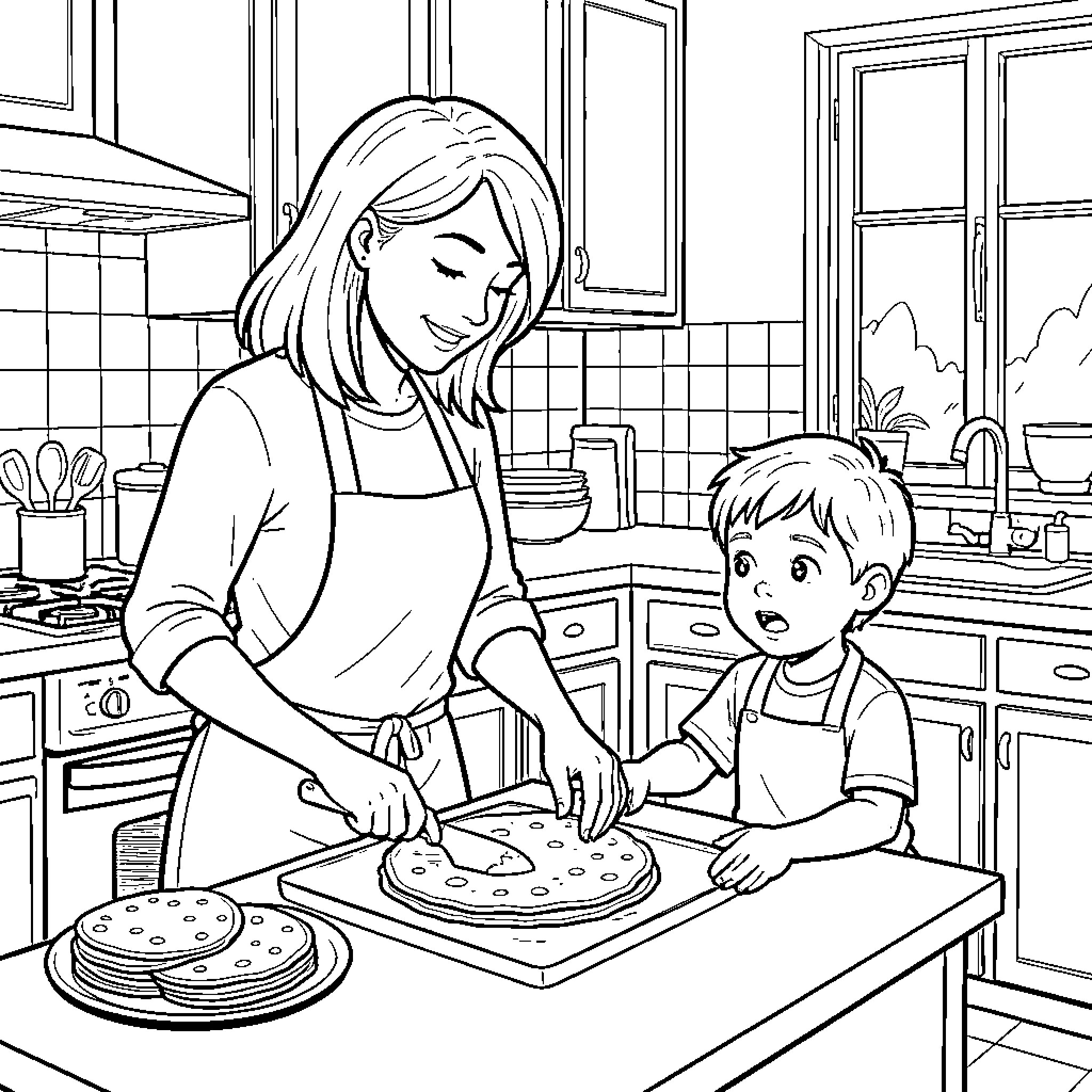 Mom and son preparing pizza together in the kitchen Coloring Page (free black-and-white line drawing printable PDF for all, from beginners to advanced learners, including children, teens, adults, and seniors)