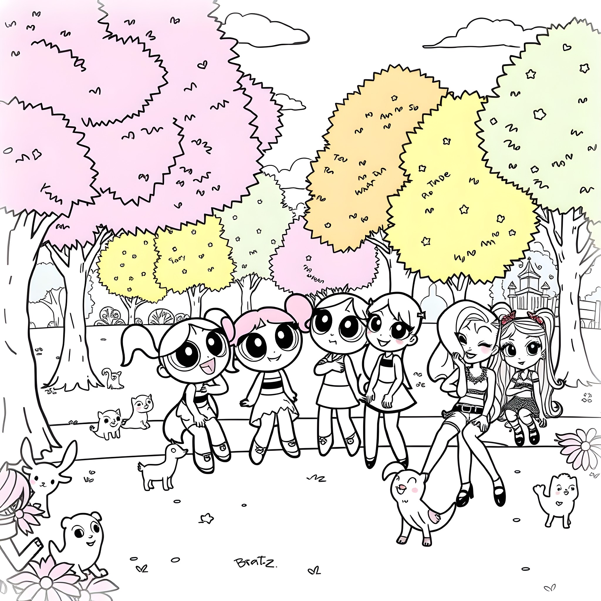 Powerpuff Girls exploring the enchanted forest Coloring Page (free black-and-white line drawing printable PDF for all, from beginners to advanced learners, including children, teens, adults, and seniors)