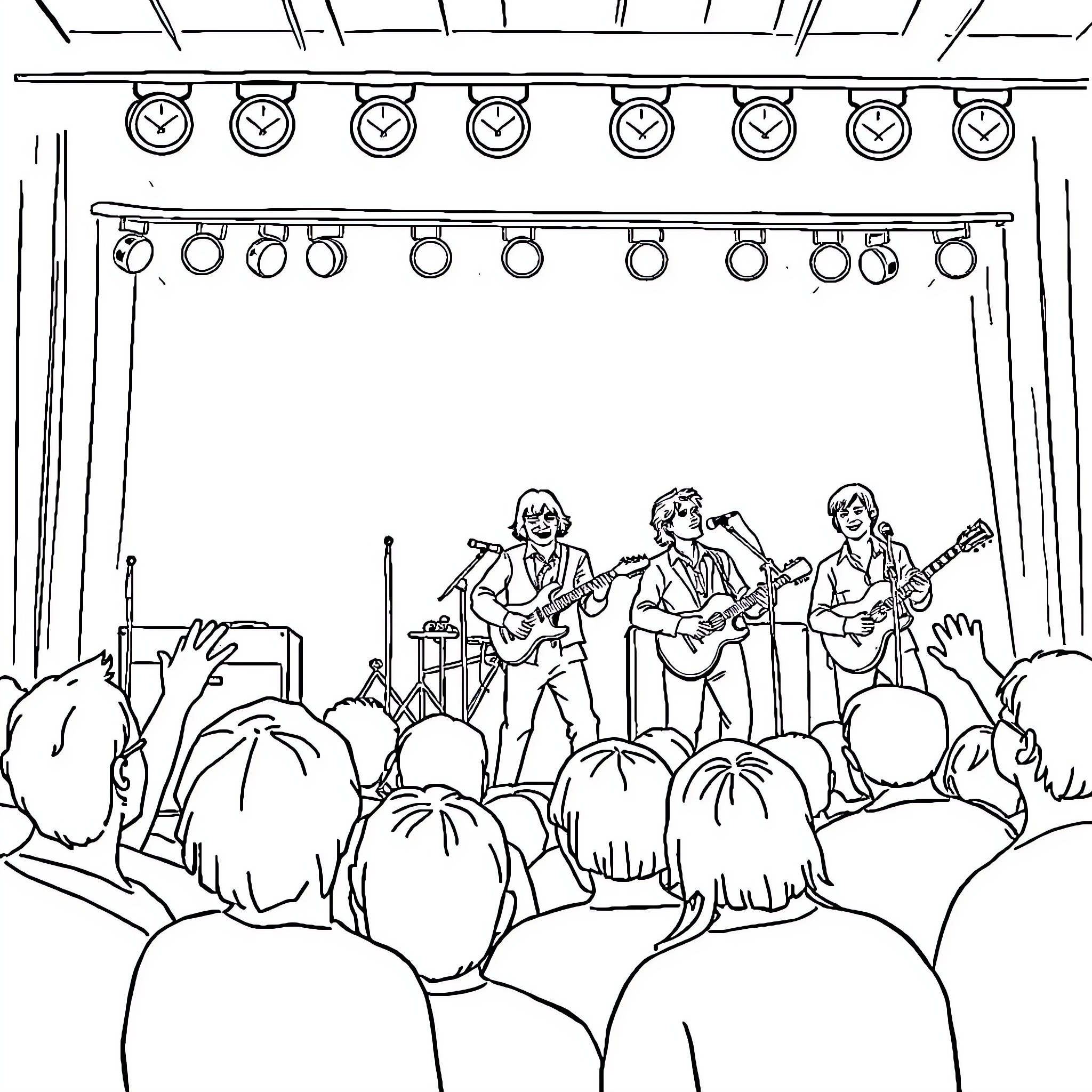 Beach Boys Performing on Stage for Audience Coloring Page (free black-and-white line drawing printable PDF for all, from beginners to advanced learners, including children, teens, adults, and seniors)