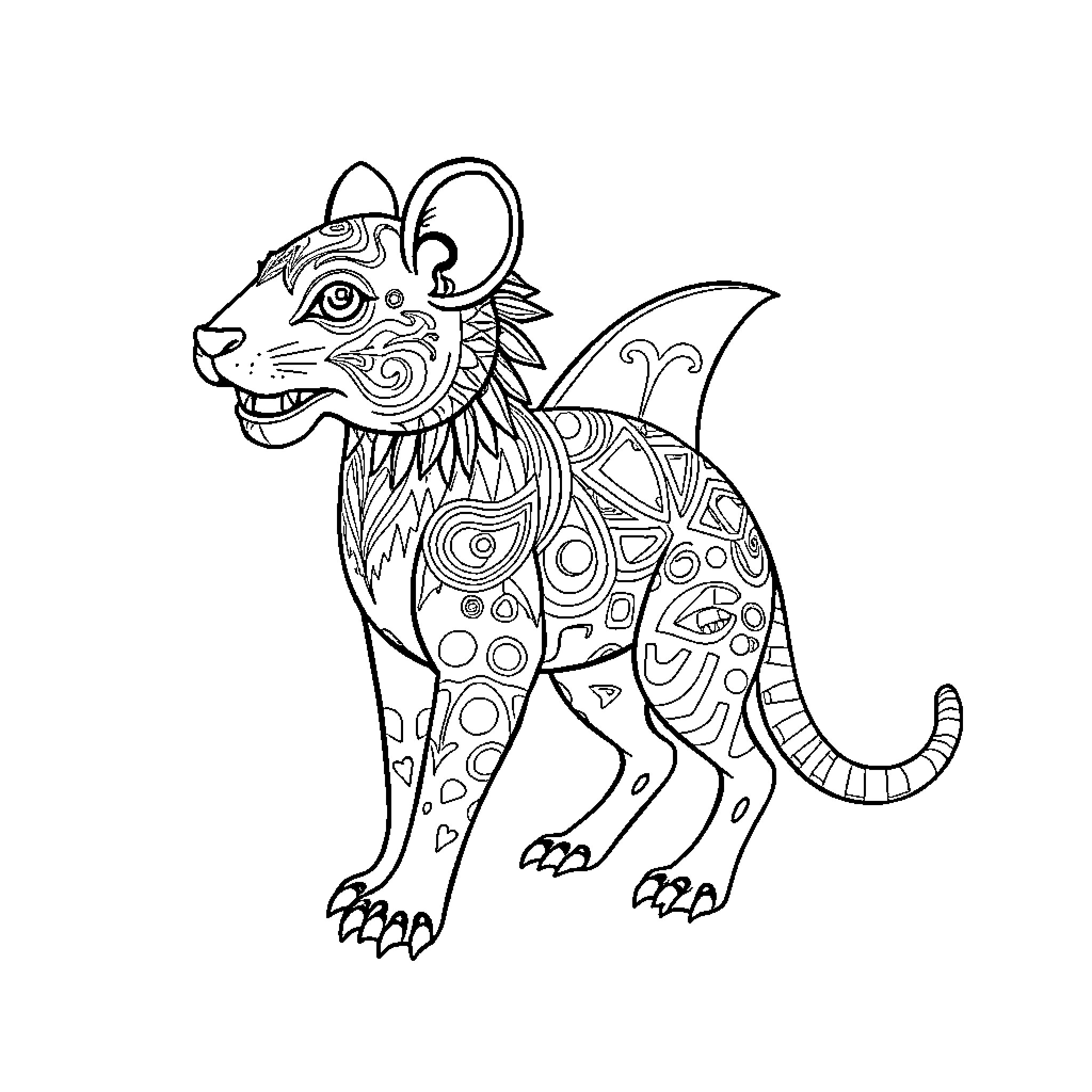 Alebrije creature with ornate patterns and expressions Coloring Page (free black-and-white line drawing printable PDF for all, from beginners to advanced learners, including children, teens, adults, and seniors)