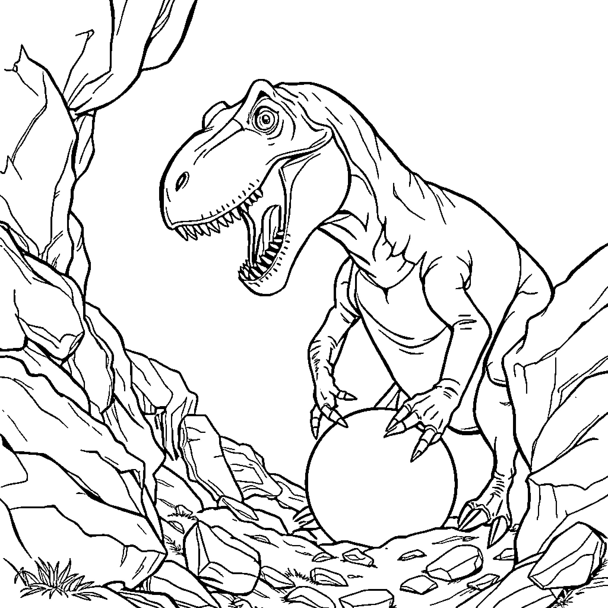 T-Rex Roaring and Stomping in Prehistoric Landscape Coloring Page (free black-and-white line drawing printable PDF for all, from beginners to advanced learners, including children, teens, adults, and seniors)