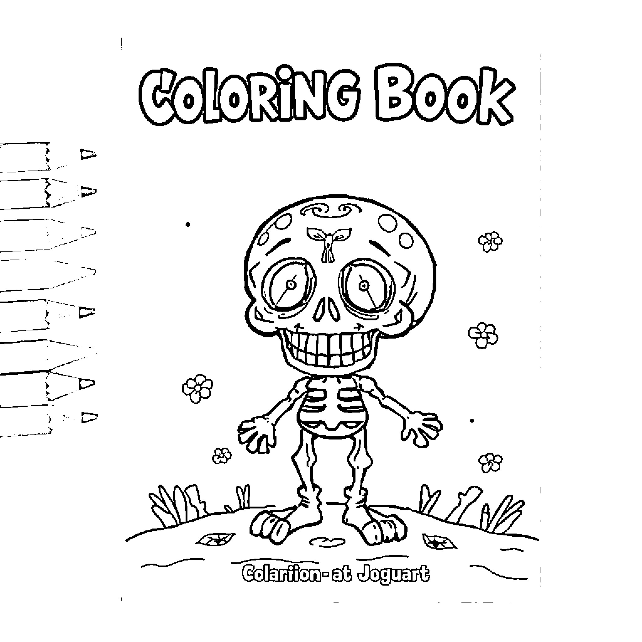 Skull-shaped character in a coloring book scene Coloring Page (free black-and-white line drawing printable PDF for all, from beginners to advanced learners, including children, teens, adults, and seniors)