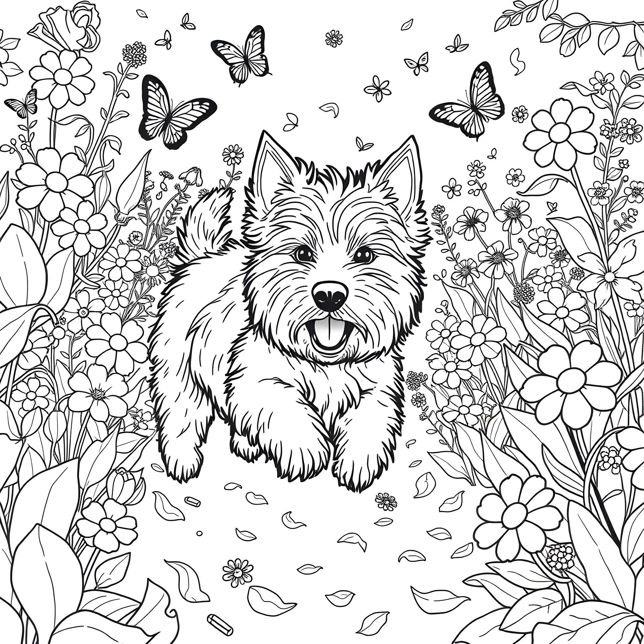 Westie enjoying the floral garden Coloring Page (free black-and-white line drawing printable PDF for all, from beginners to advanced learners, including children, teens, adults, and seniors)