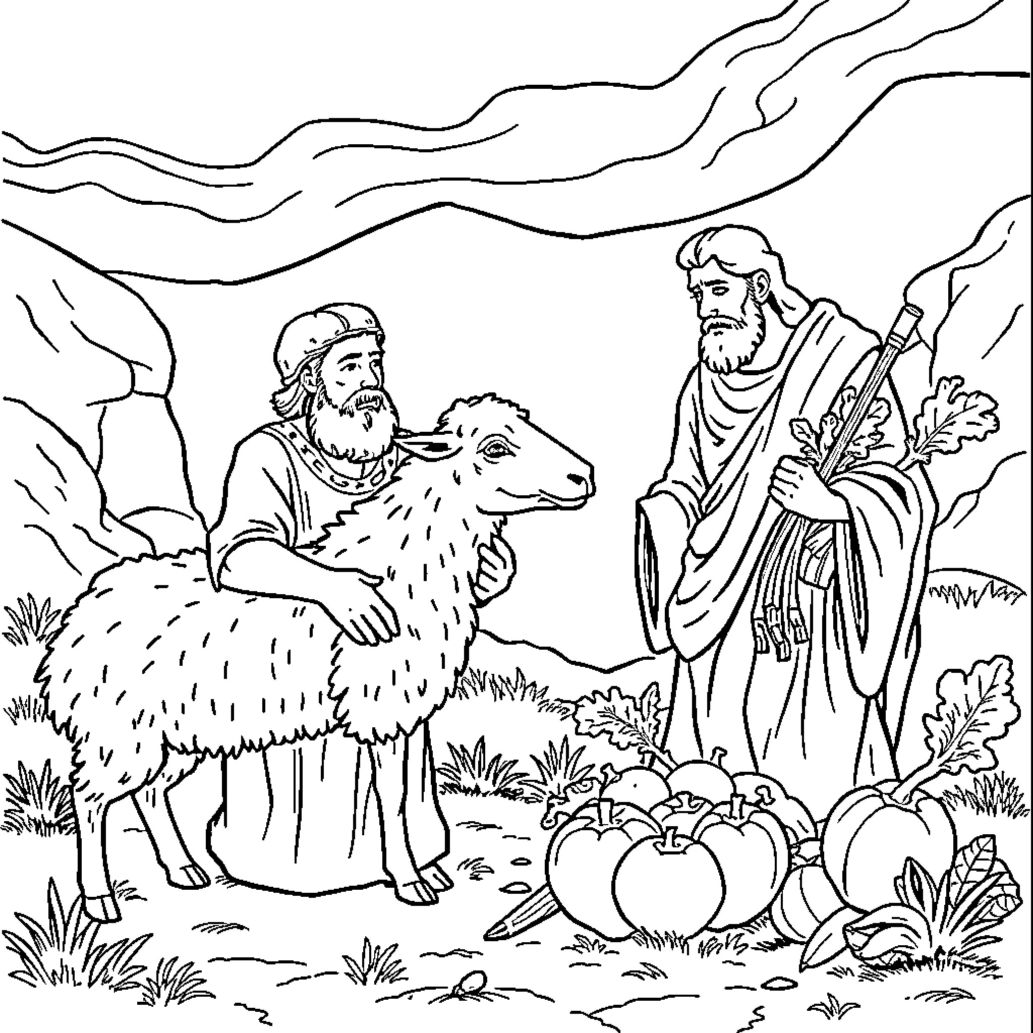 Sheep being tended by two figures in a pastoral scene Coloring Page (free black-and-white line drawing printable PDF for all, from beginners to advanced learners, including children, teens, adults, and seniors)