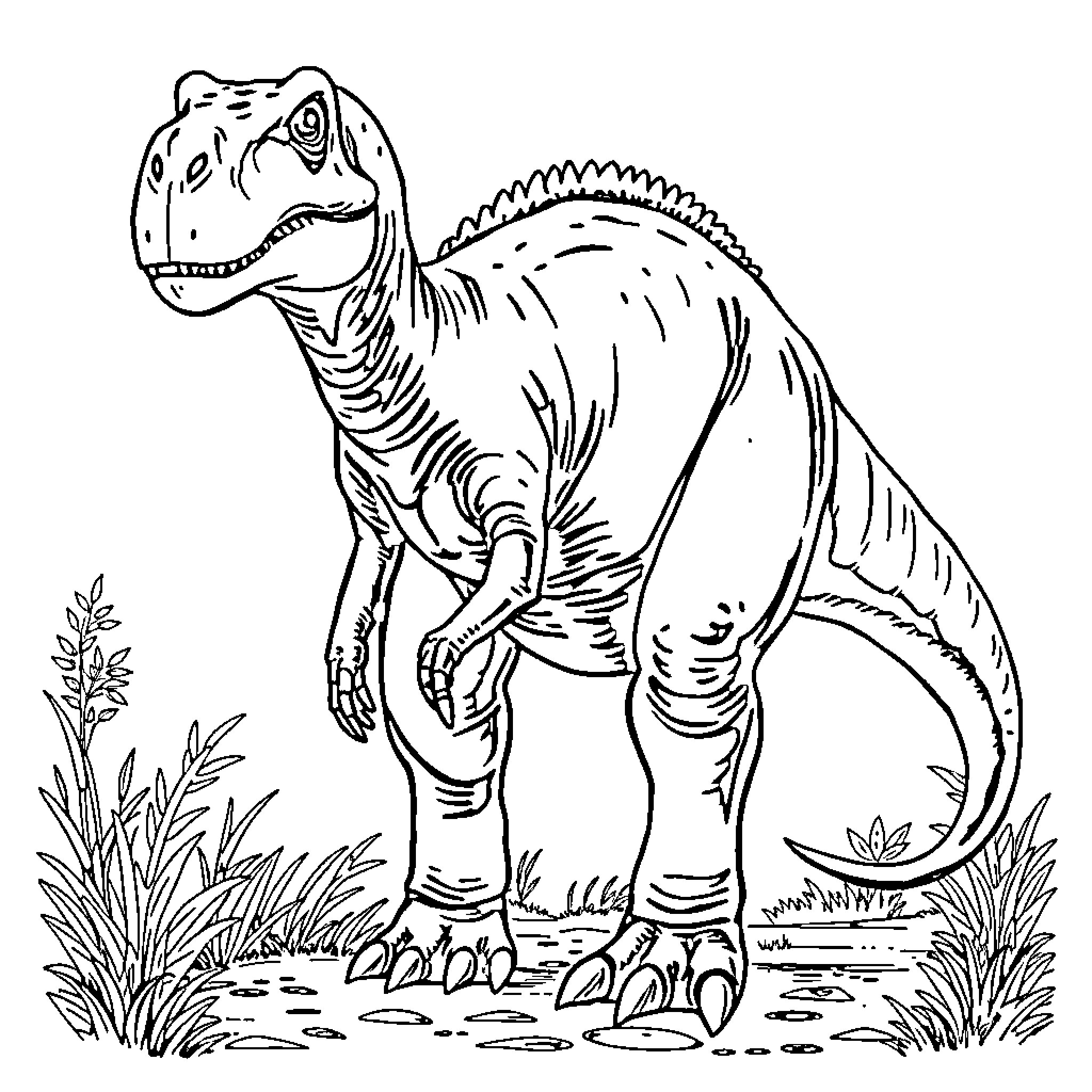 Dinosaur standing in prehistoric landscape Coloring Page (free black-and-white line drawing printable PDF for all, from beginners to advanced learners, including children, teens, adults, and seniors)