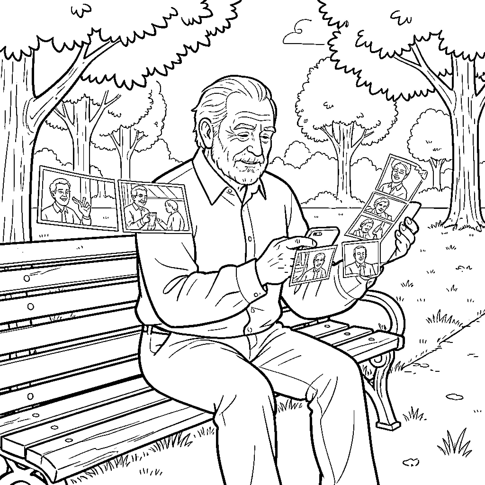 Homme assis sur un banc regardant des photos Coloring Page (free black-and-white line drawing printable PDF for all, from beginners to advanced learners, including children, teens, adults, and seniors)