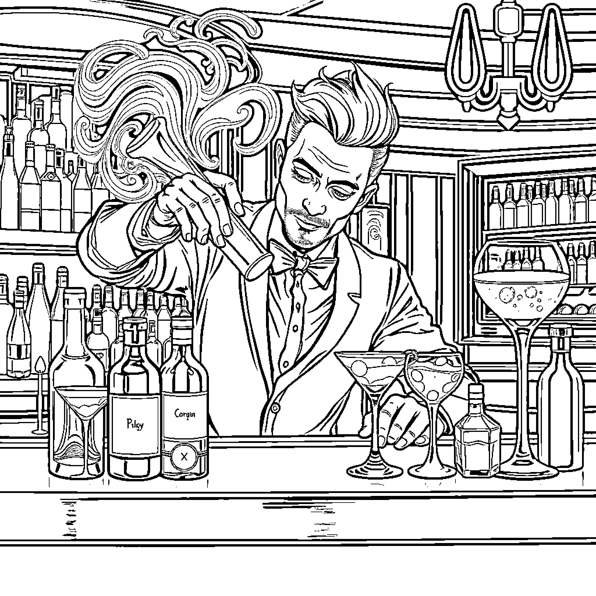 Bartender mixing drinks with style and flair Coloring Page (free black-and-white line drawing printable PDF for all, from beginners to advanced learners, including children, teens, adults, and seniors)