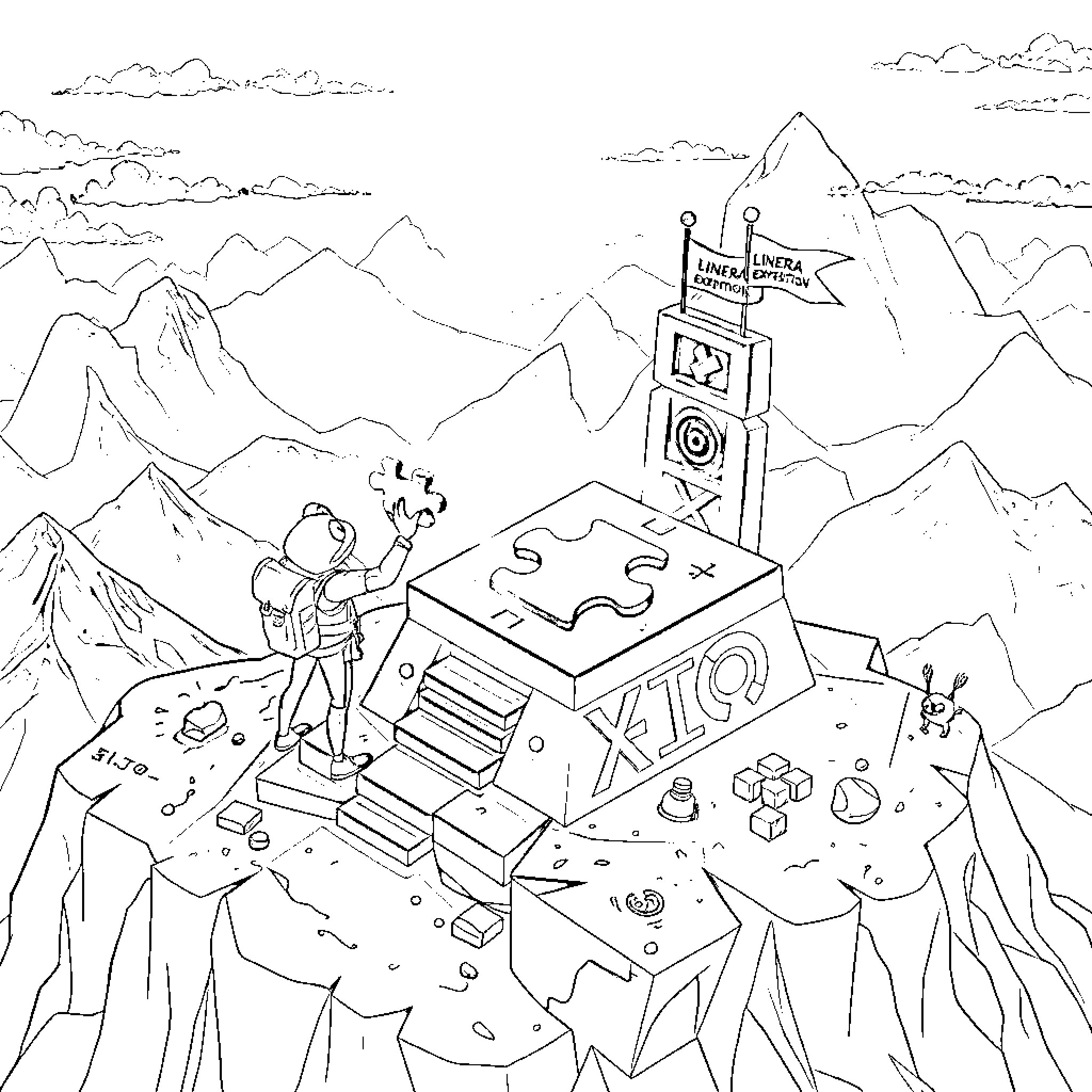 Pepe's Mountainous Adventure at the Xio Checkpoint Coloring Page (free black-and-white line drawing printable PDF for all, from beginners to advanced learners, including children, teens, adults, and seniors)