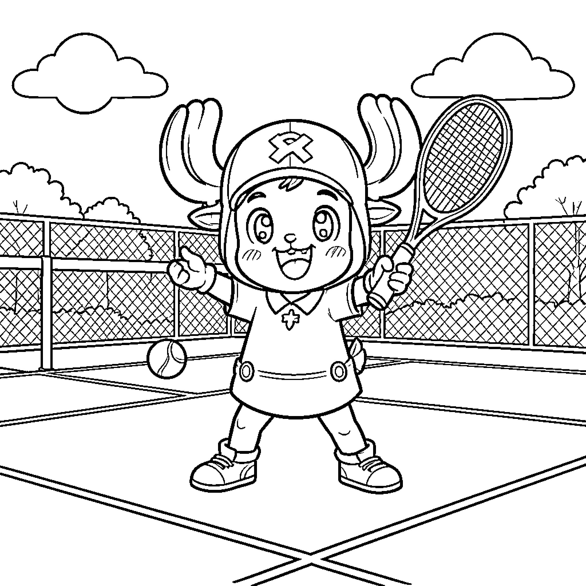Tony Tony Chopper playing tennis on a court Coloring Page (free black-and-white line drawing printable PDF for all, from beginners to advanced learners, including children, teens, adults, and seniors)
