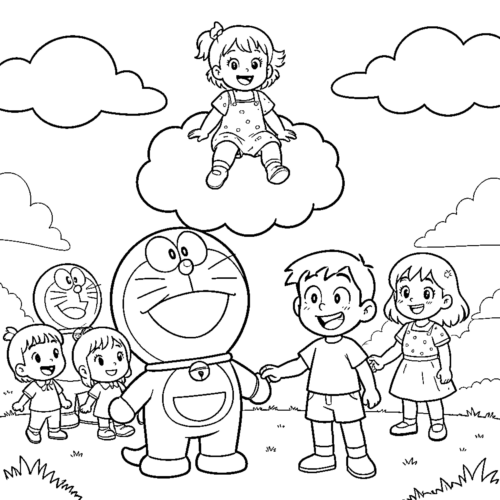 Doraemon standing with friends under the clouds Coloring Page (free black-and-white line drawing printable PDF for all, from beginners to advanced learners, including children, teens, adults, and seniors)