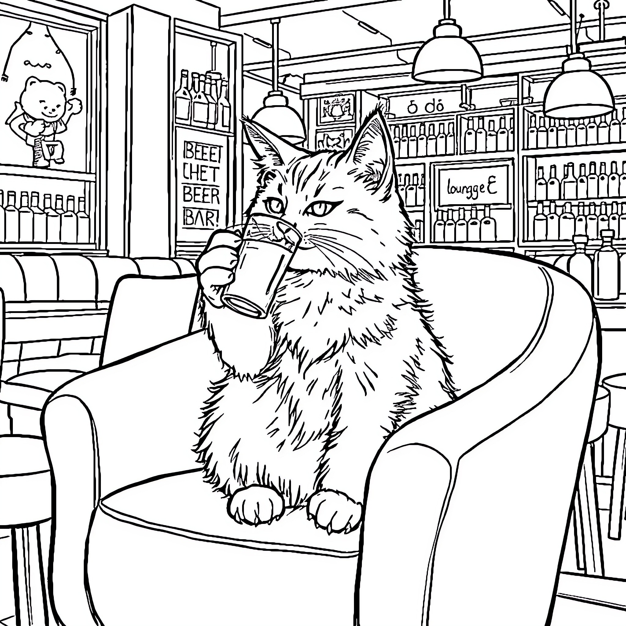 Cat relaxing in a cozy bar Coloring Page (free black-and-white line drawing printable PDF for all, from beginners to advanced learners, including children, teens, adults, and seniors)