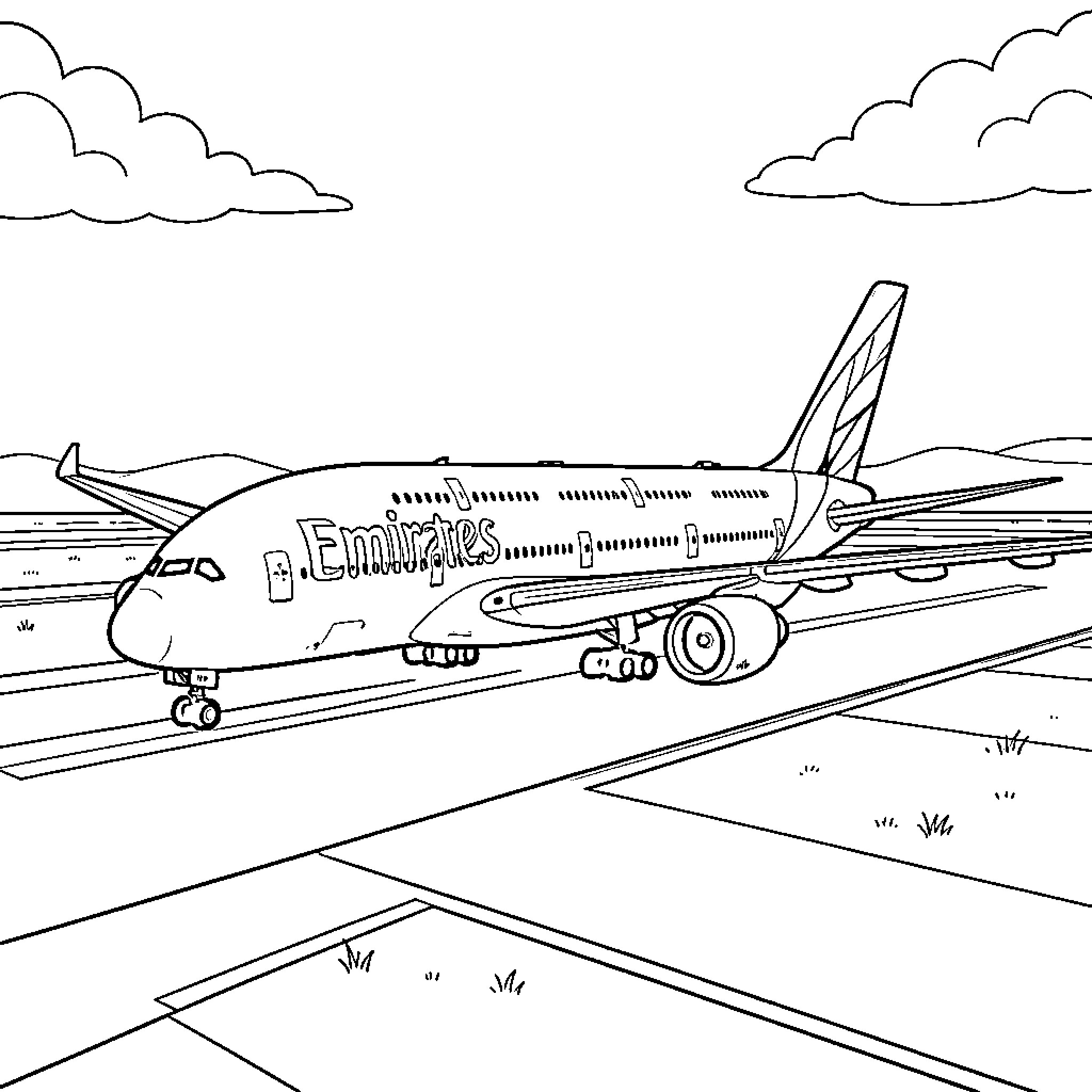 Emirates A380 taxiing on a runway under clouds Coloring Page (free black-and-white line drawing printable PDF for all, from beginners to advanced learners, including children, teens, adults, and seniors)