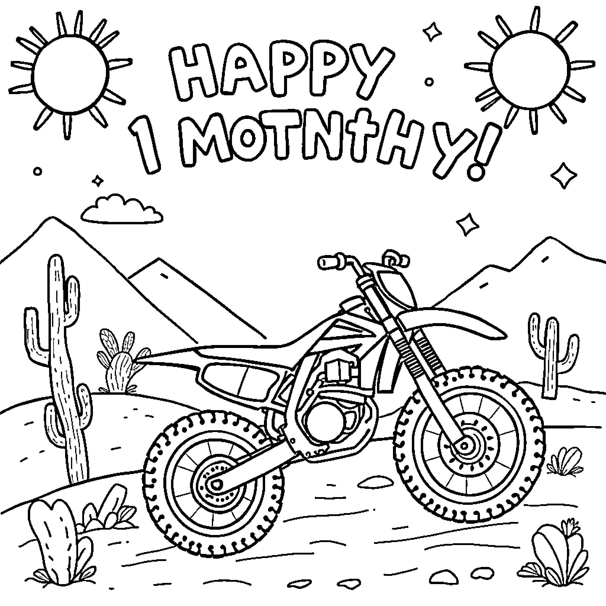 Bike riding in the desert landscape Coloring Page (free black-and-white line drawing printable PDF for all, from beginners to advanced learners, including children, teens, adults, and seniors)