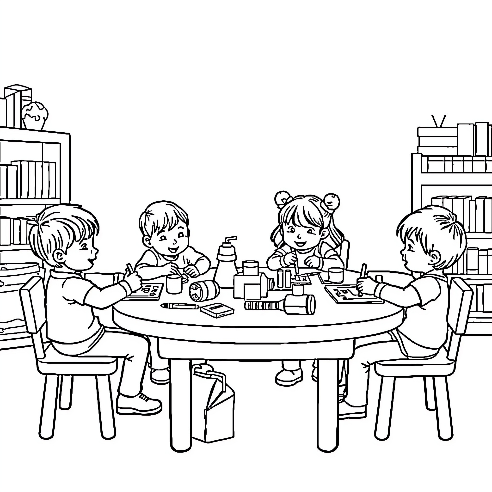 Students studying together at a table in the classroom Coloring Page (free black-and-white line drawing printable PDF for all, from beginners to advanced learners, including children, teens, adults, and seniors)