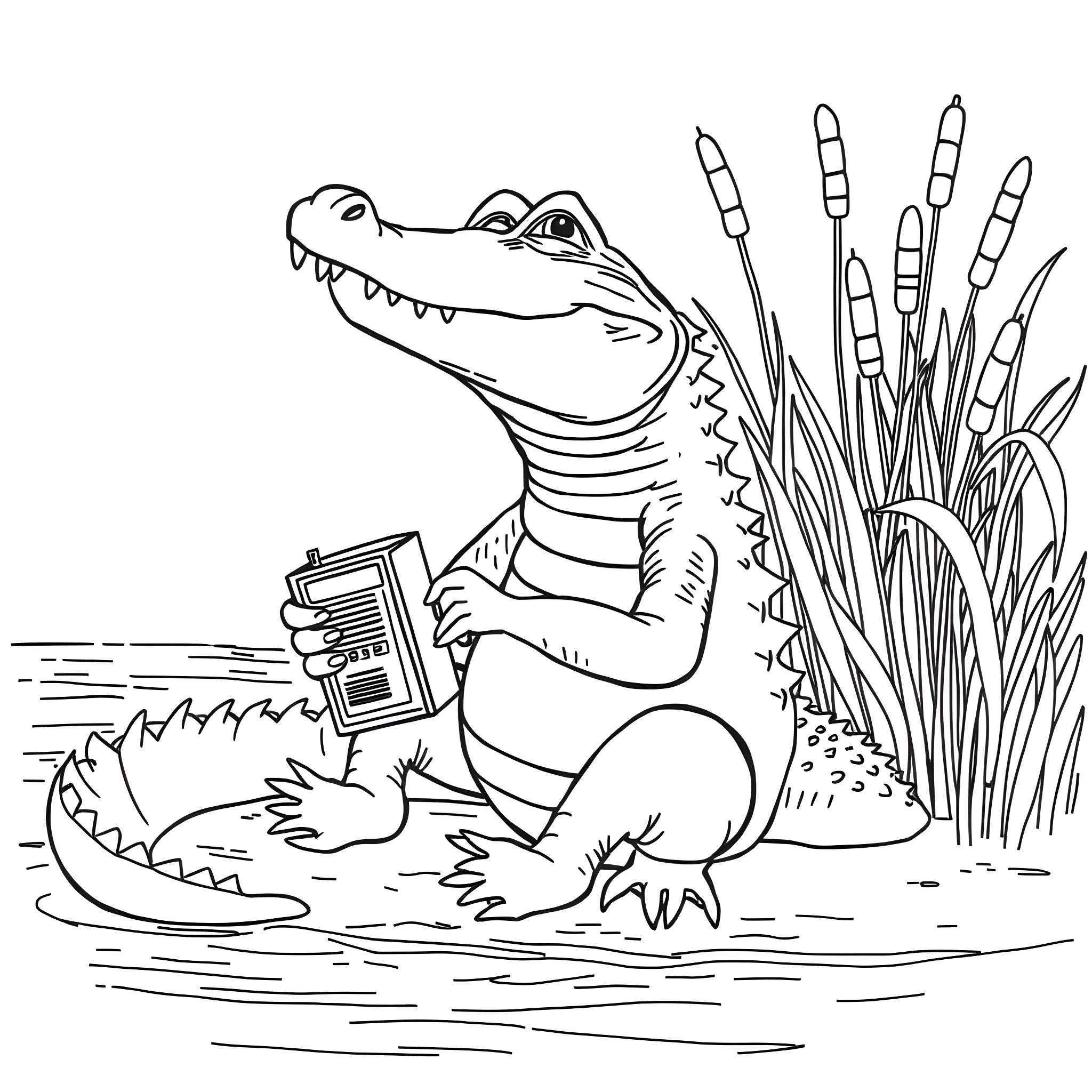 Alligator with a book in the swamp Coloring Page (free black-and-white line drawing printable PDF for all, from beginners to advanced learners, including children, teens, adults, and seniors)