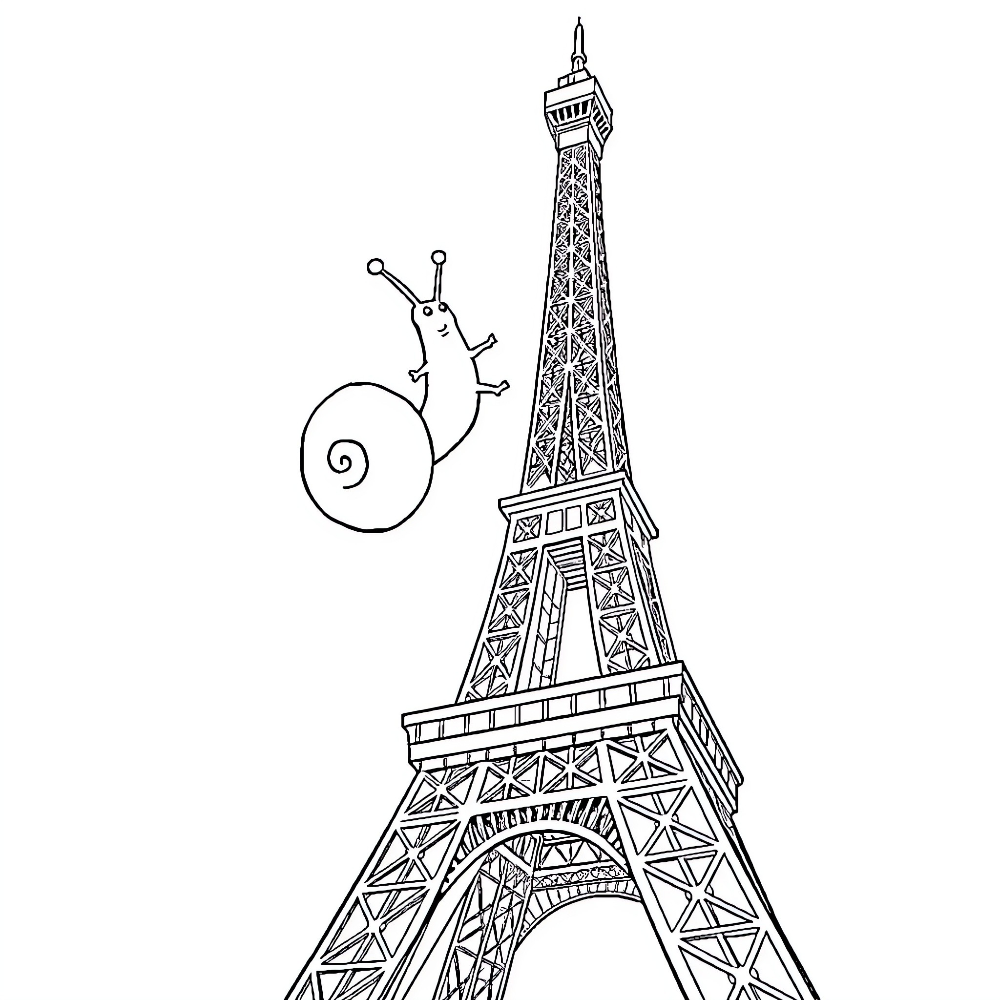 Snail exploring the Eiffel Tower Coloring Page (free black-and-white line drawing printable PDF for all, from beginners to advanced learners, including children, teens, adults, and seniors)