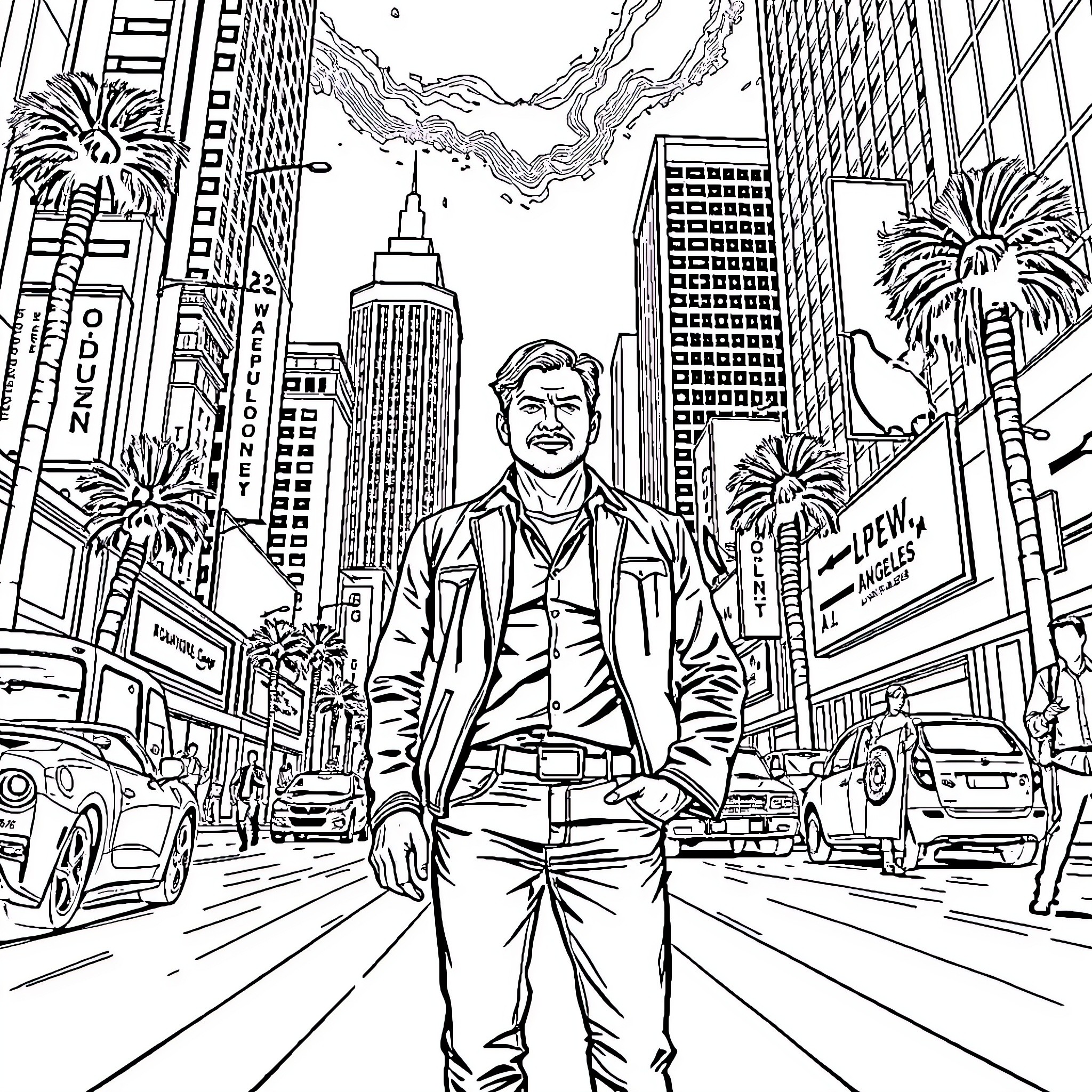 Arthur Morgan exploring the bustling city streets Coloring Page (free black-and-white line drawing printable PDF for all, from beginners to advanced learners, including children, teens, adults, and seniors)