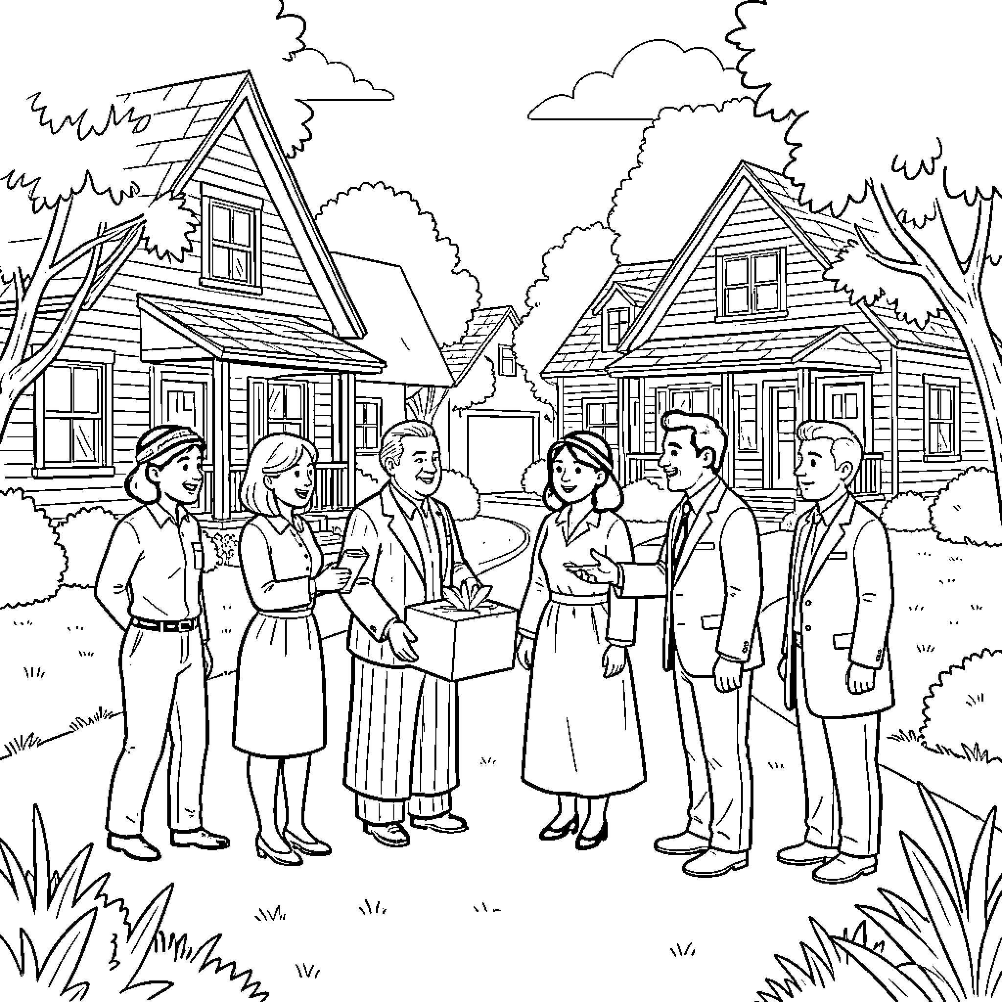 Jehovah's Witness preaching to neighbors in a residential area Coloring Page (free black-and-white line drawing printable PDF for all, from beginners to advanced learners, including children, teens, adults, and seniors)