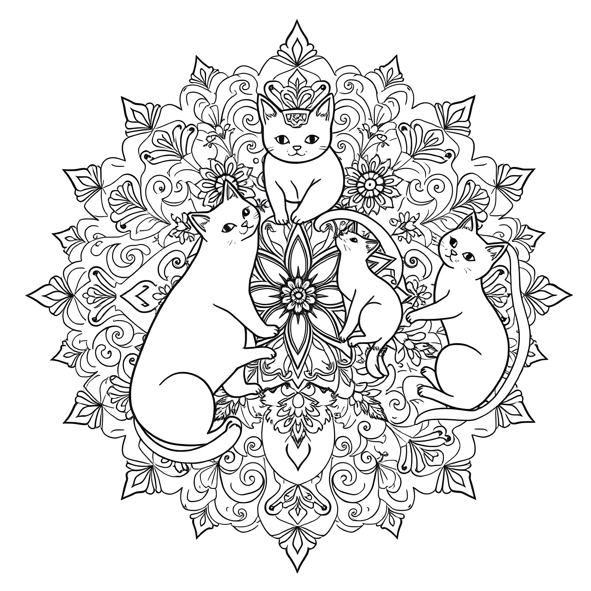Cats surrounded by ornate floral patterns Coloring Page (free black-and-white line drawing printable PDF for all, from beginners to advanced learners, including children, teens, adults, and seniors)