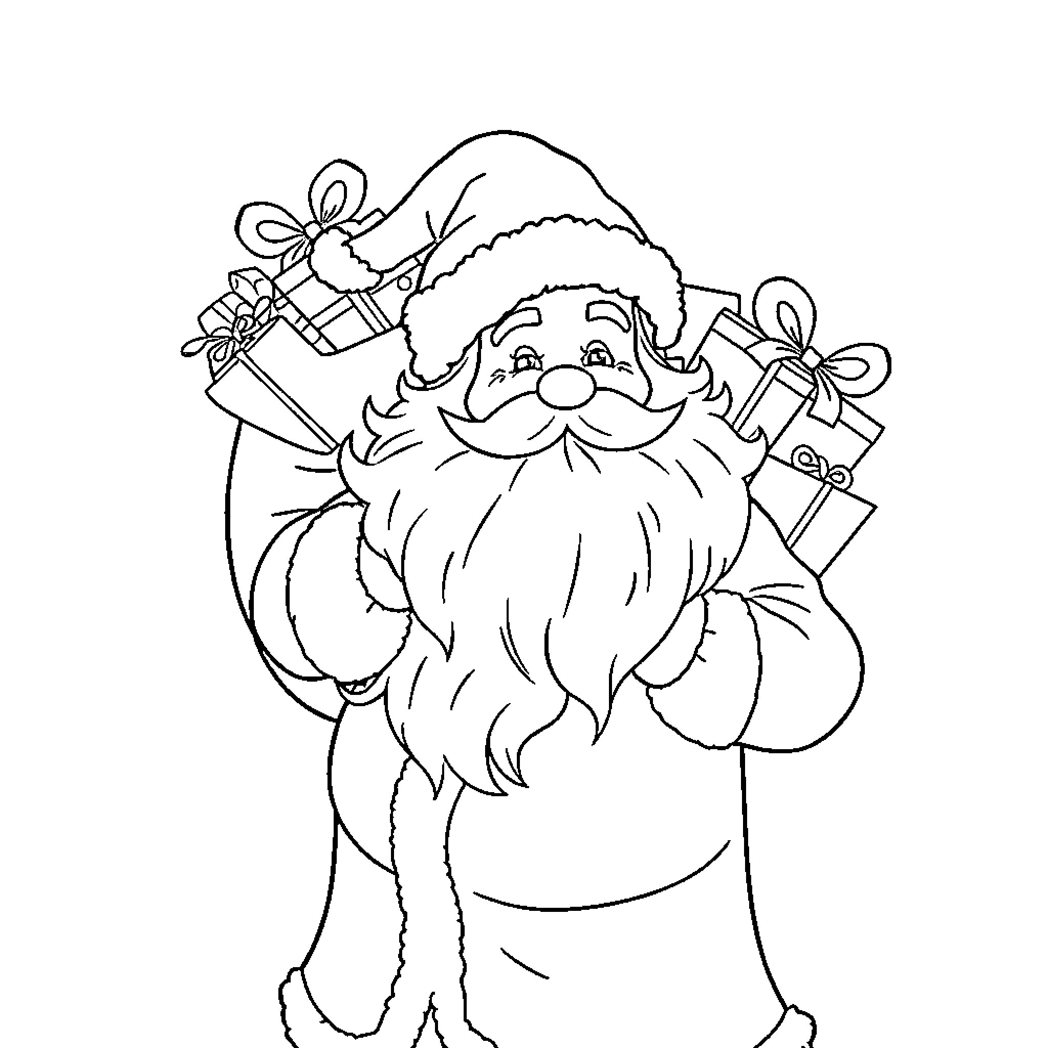 Santa Carrying Gifts and Presents Coloring Page (free black-and-white line drawing printable PDF for all, from beginners to advanced learners, including children, teens, adults, and seniors)