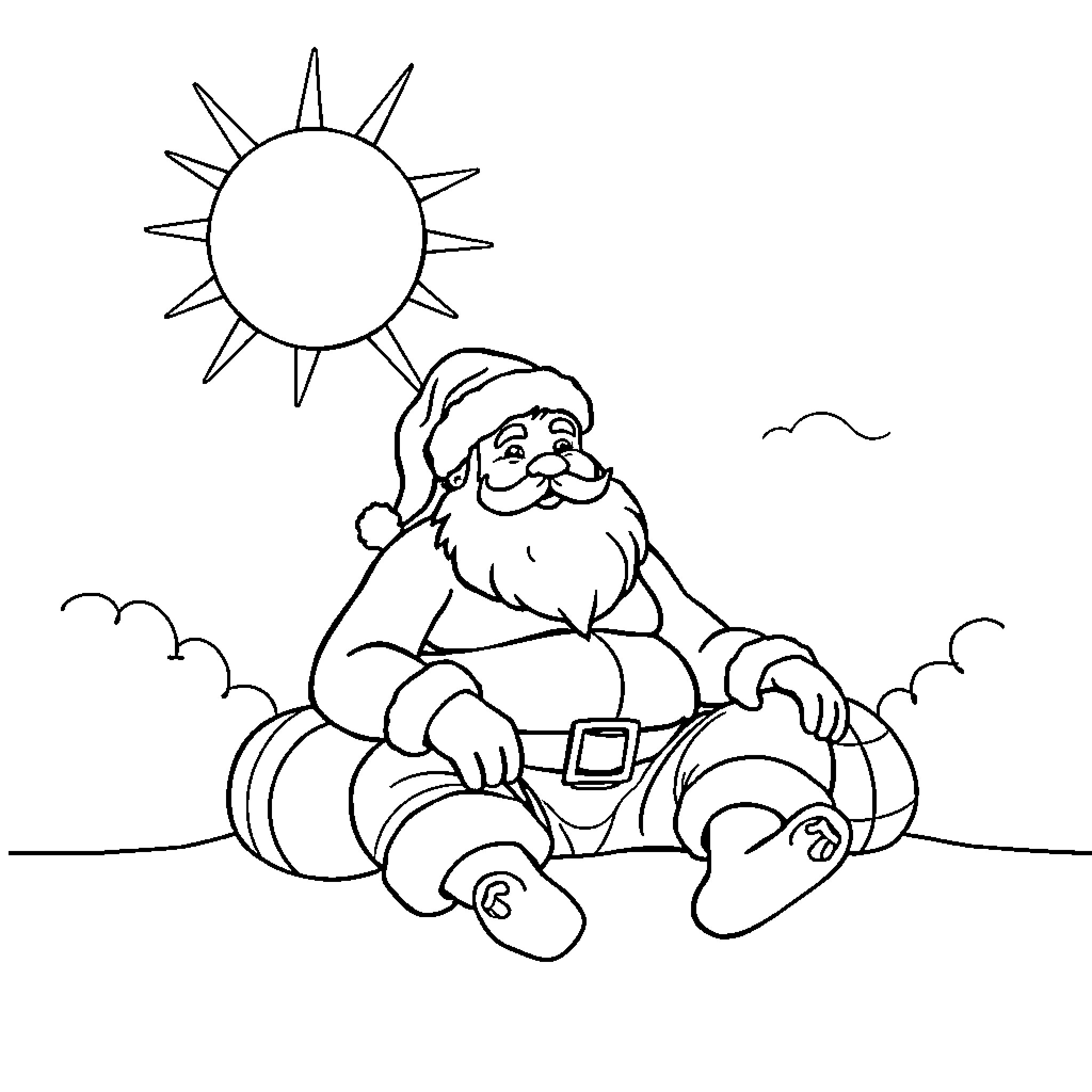 Santa resting under the sun Coloring Page (free black-and-white line drawing printable PDF for all, from beginners to advanced learners, including children, teens, adults, and seniors)