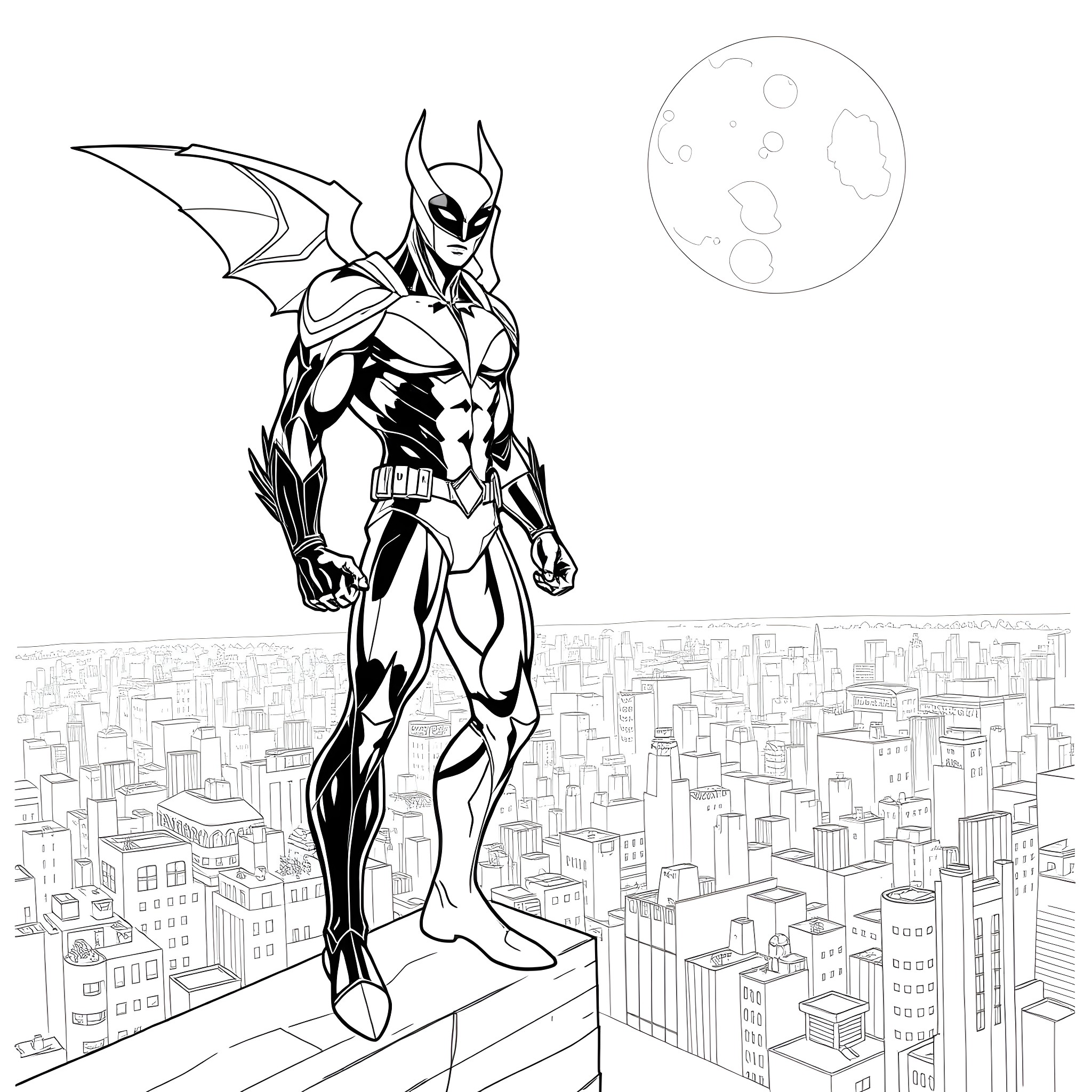 Moonwing hero surveys the city skyline at night Coloring Page (free black-and-white line drawing printable PDF for all, from beginners to advanced learners, including children, teens, adults, and seniors)