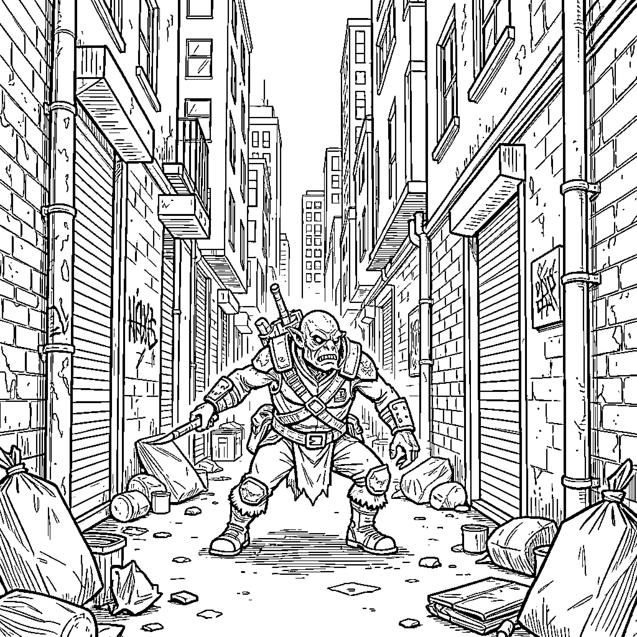 Skaven warrior standing guard in a narrow alleyway Coloring Page (free black-and-white line drawing printable PDF for all, from beginners to advanced learners, including children, teens, adults, and seniors)
