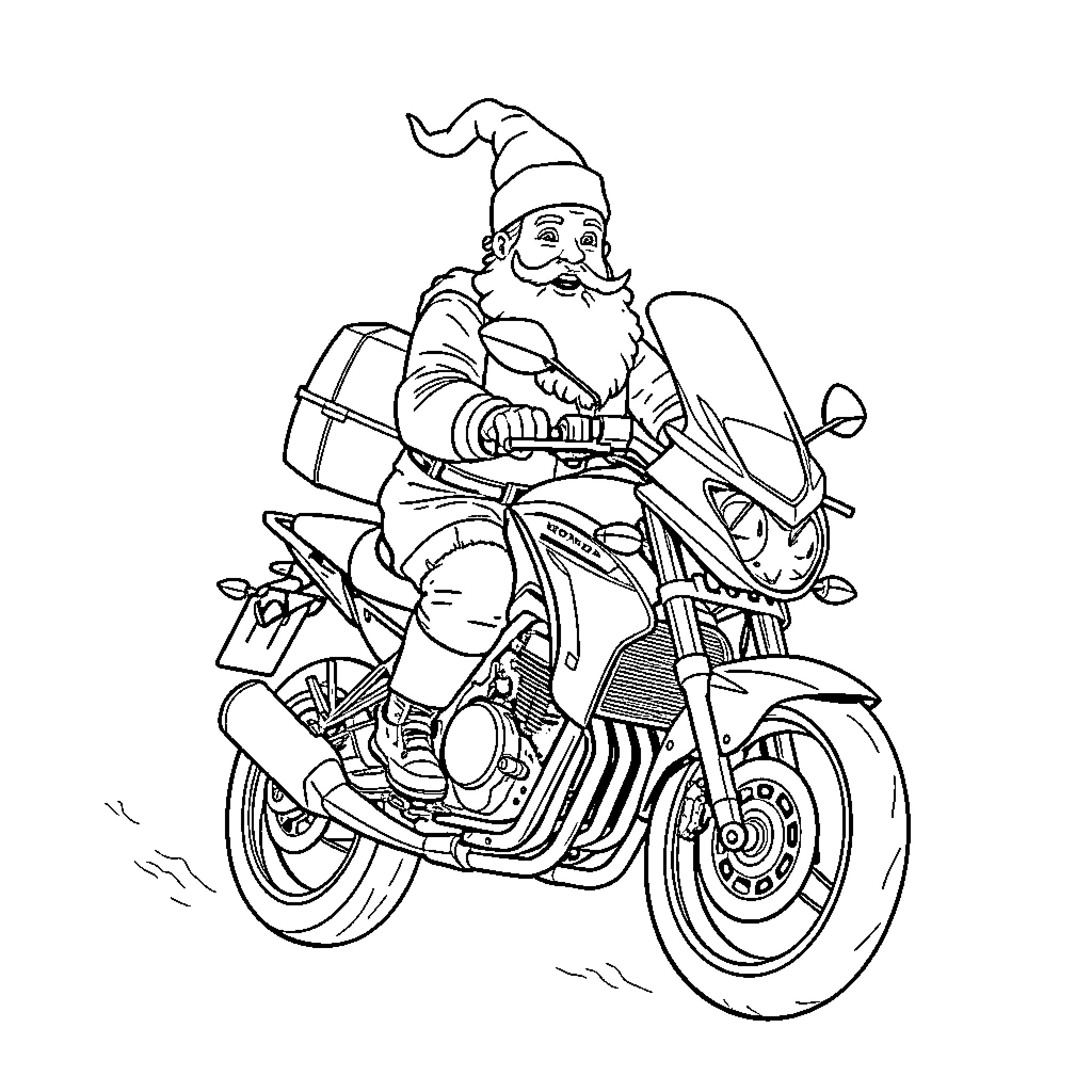 Sinterklaas riding a motorcycle with gifts Coloring Page (free black-and-white line drawing printable PDF for all, from beginners to advanced learners, including children, teens, adults, and seniors)