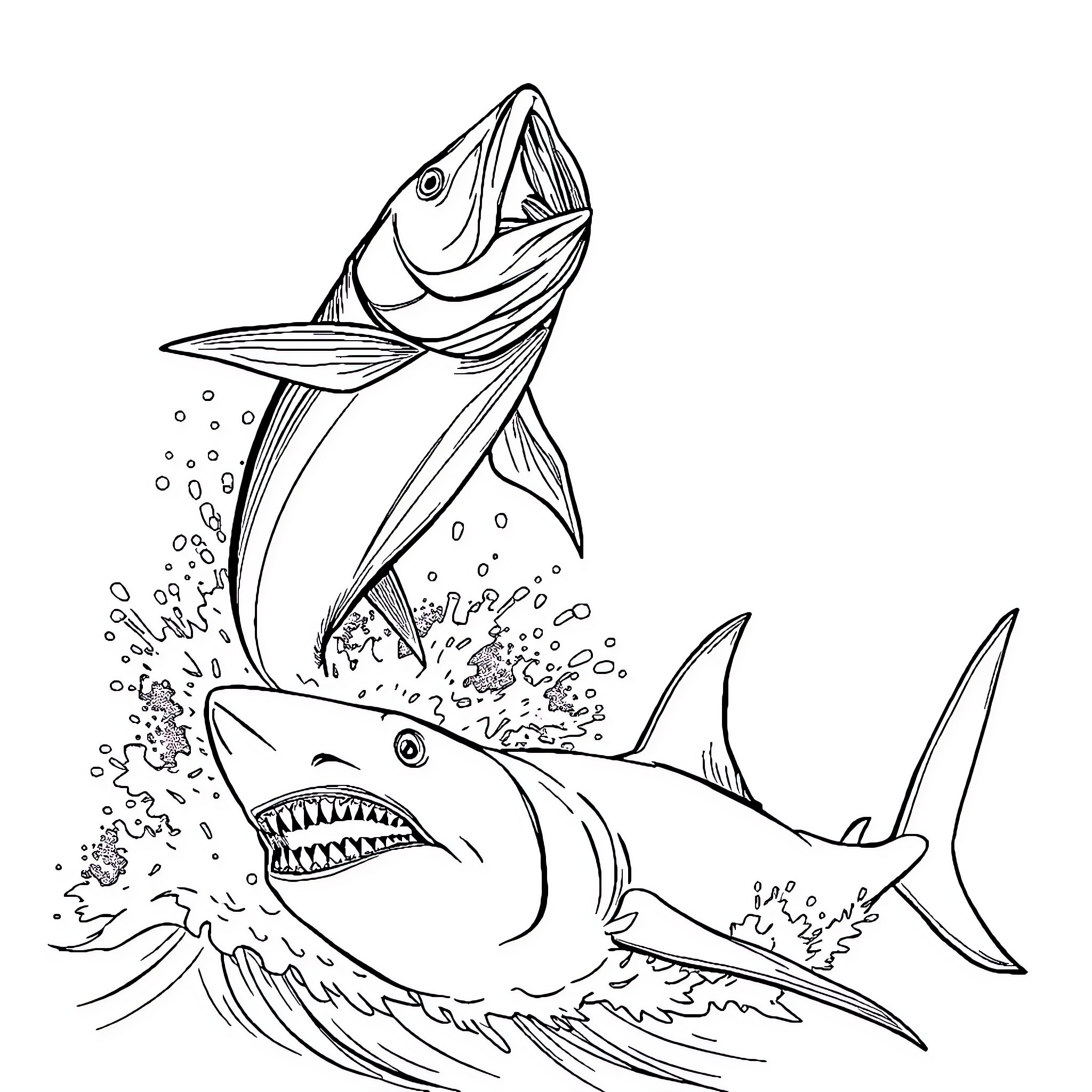 Mackerel chasing smaller fish in the ocean Coloring Page (free black-and-white line drawing printable PDF for all, from beginners to advanced learners, including children, teens, adults, and seniors)