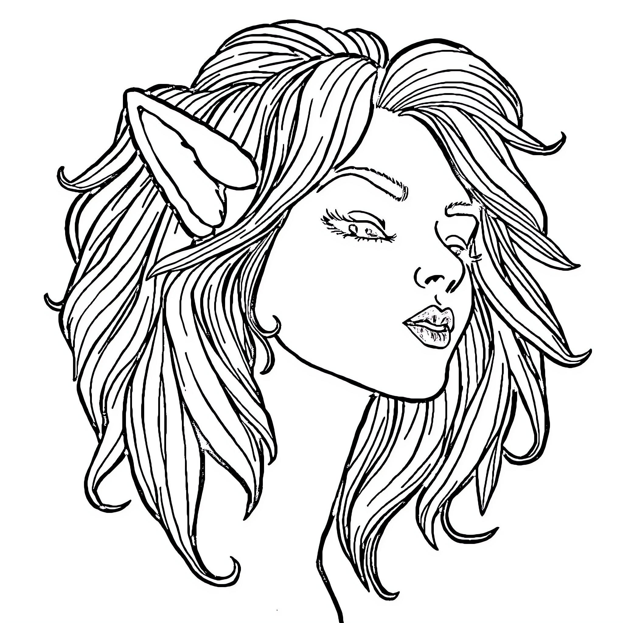 Drawing of a woman with flowing hair Coloring Page (free black-and-white line drawing printable PDF for all, from beginners to advanced learners, including children, teens, adults, and seniors)