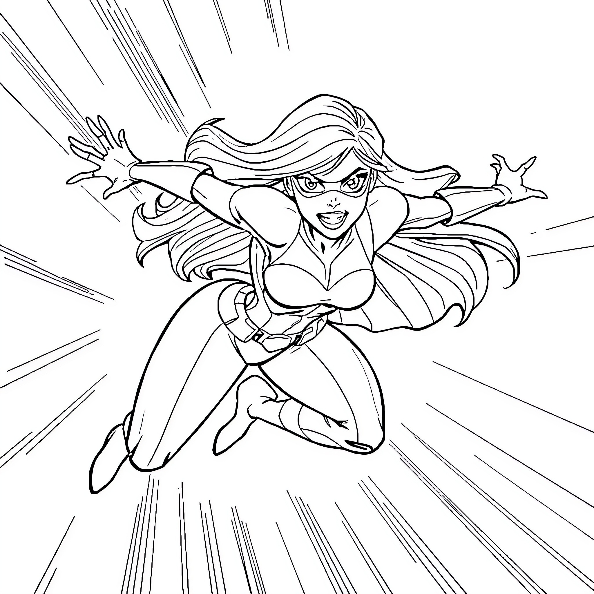 Rogue Superhero in Action Coloring Page (free black-and-white line drawing printable PDF for all, from beginners to advanced learners, including children, teens, adults, and seniors)