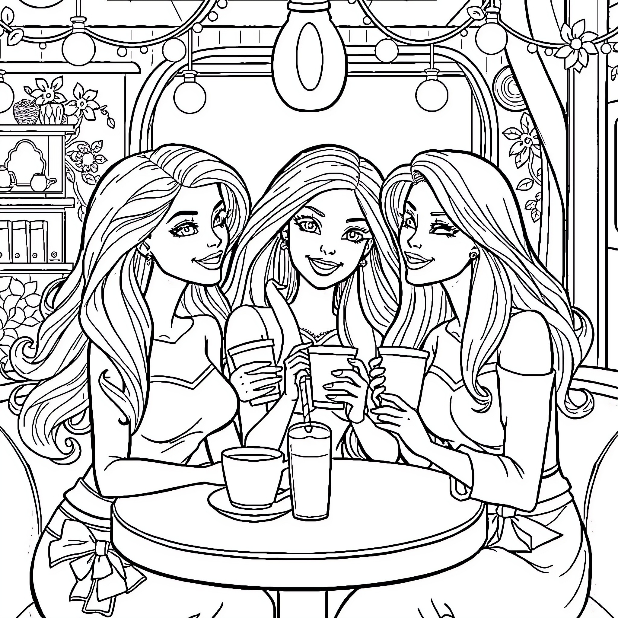 Barbie girls enjoying a day out together Coloring Page (free black-and-white line drawing printable PDF for all, from beginners to advanced learners, including children, teens, adults, and seniors)