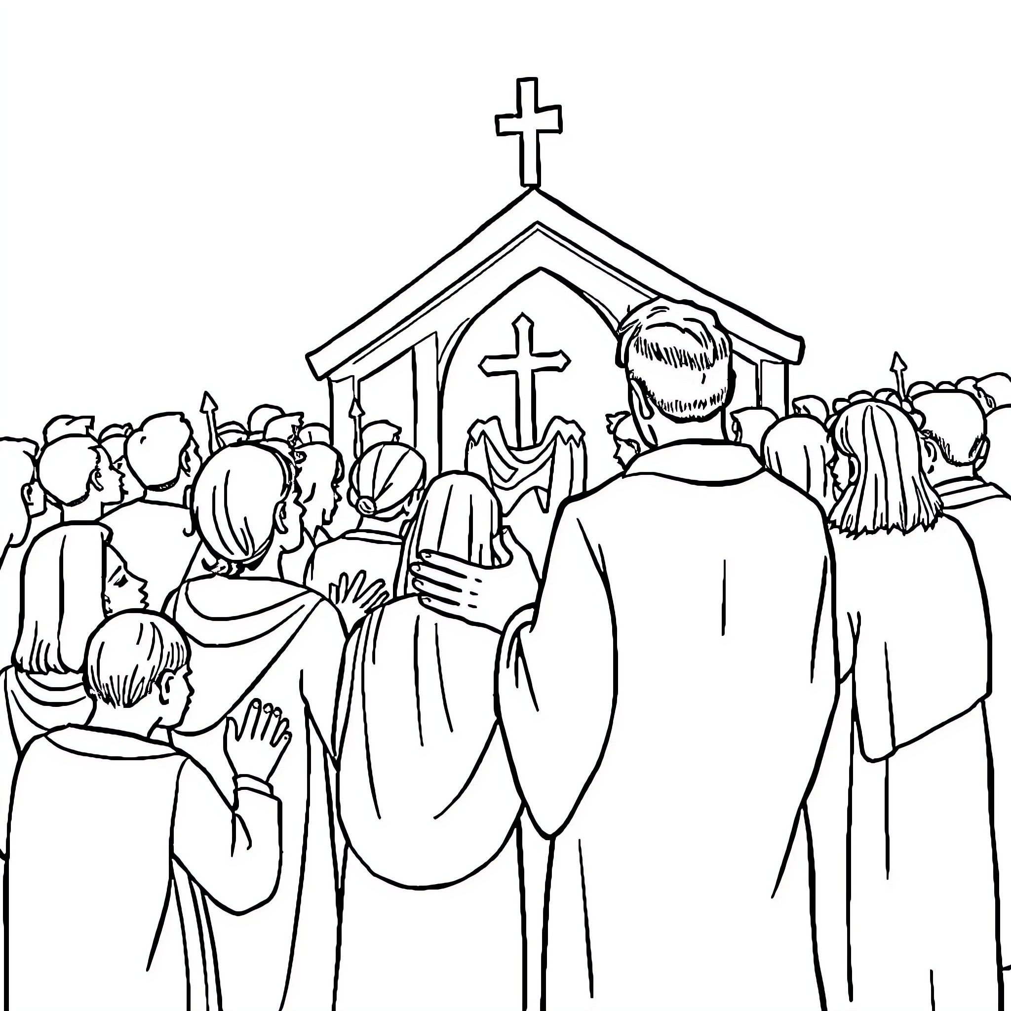 Religion: Crowd gathered for worship service in church Coloring Page (free black-and-white line drawing printable PDF for all, from beginners to advanced learners, including children, teens, adults, and seniors)