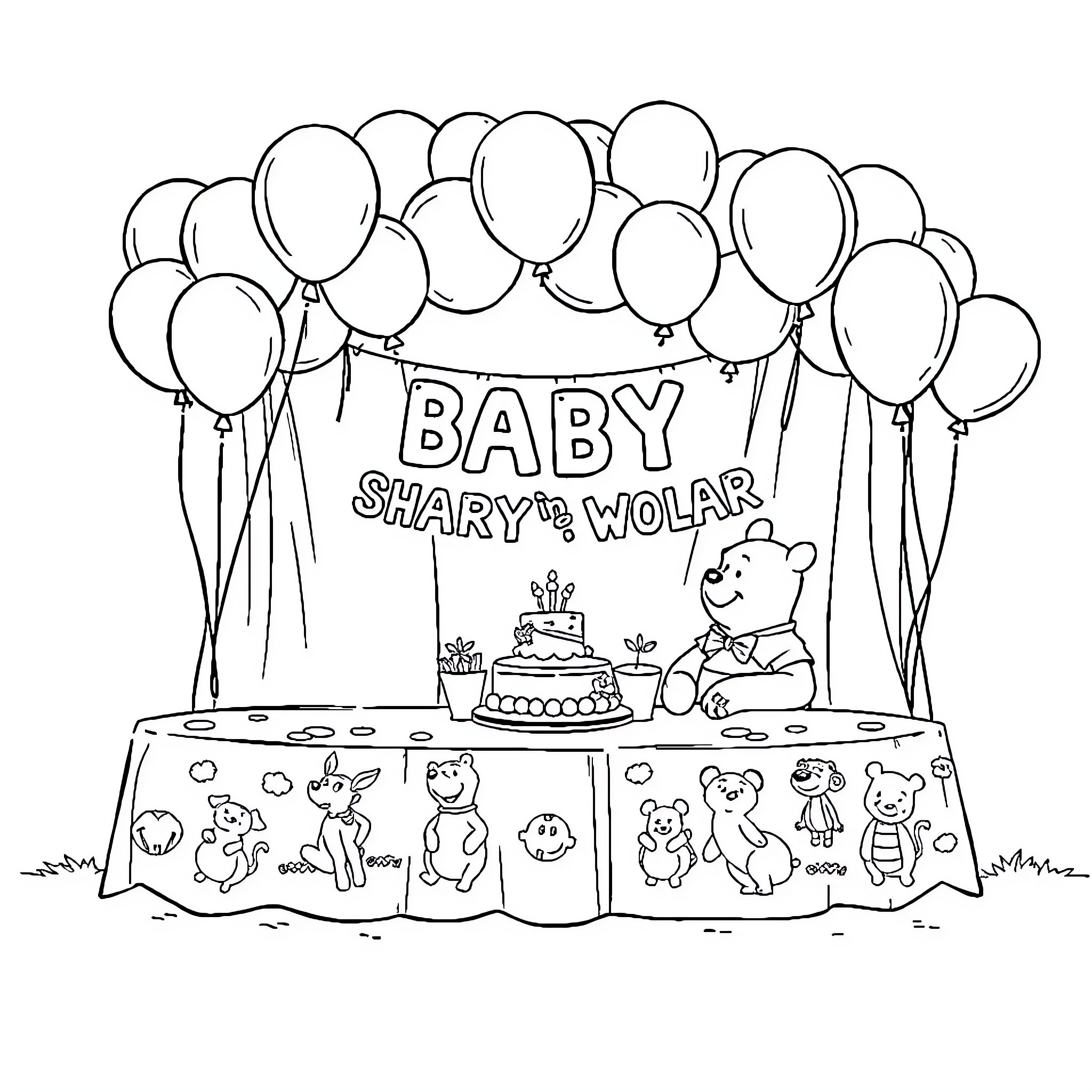Winnie The Pooh celebrates baby shower with friends Coloring Page (free black-and-white line drawing printable PDF for all, from beginners to advanced learners, including children, teens, adults, and seniors)