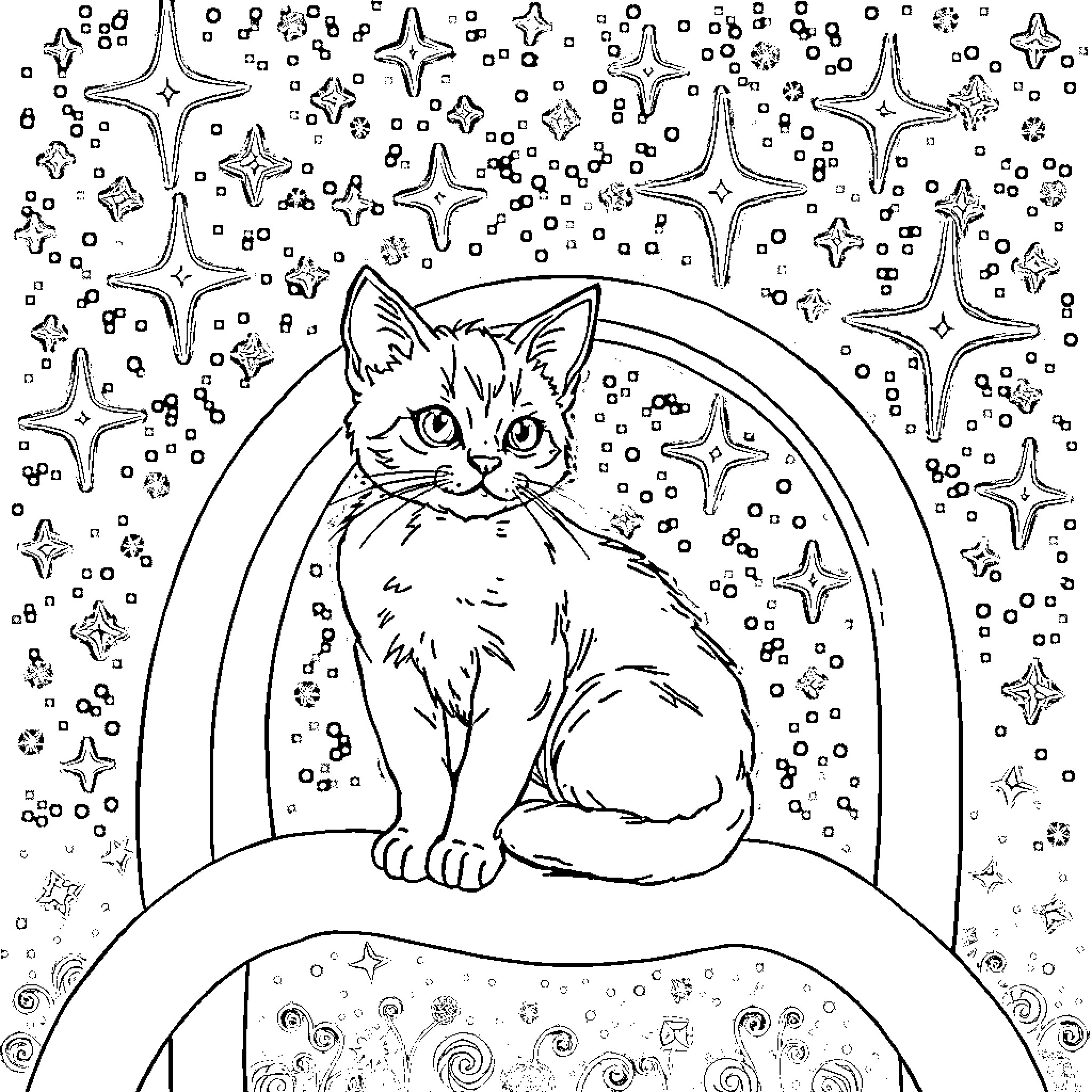 Unicorn cat exploring the starry night sky Coloring Page (free black-and-white line drawing printable PDF for all, from beginners to advanced learners, including children, teens, adults, and seniors)
