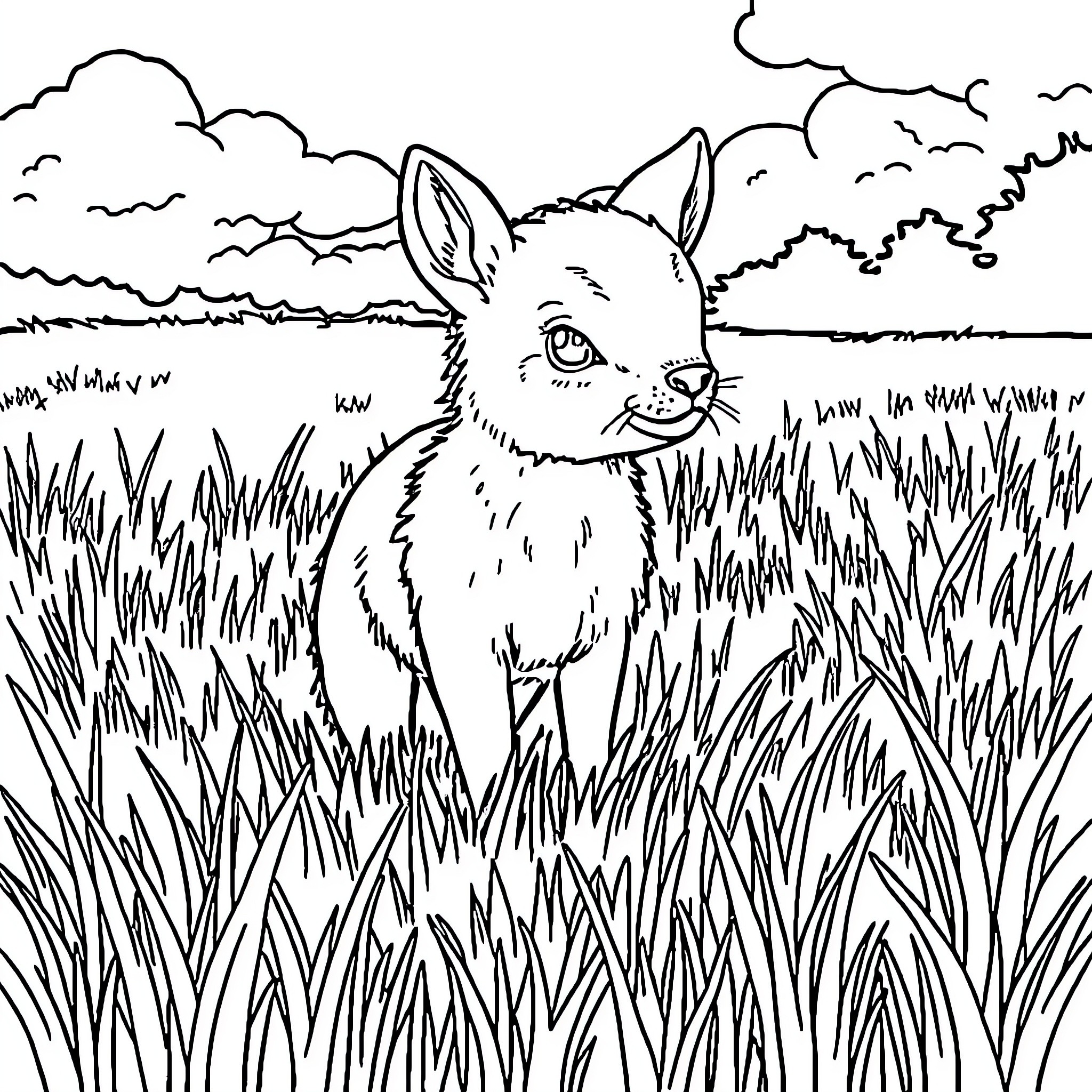 Animal in Grassy Field with Clouds Coloring Page (free black-and-white line drawing printable PDF for all, from beginners to advanced learners, including children, teens, adults, and seniors)
