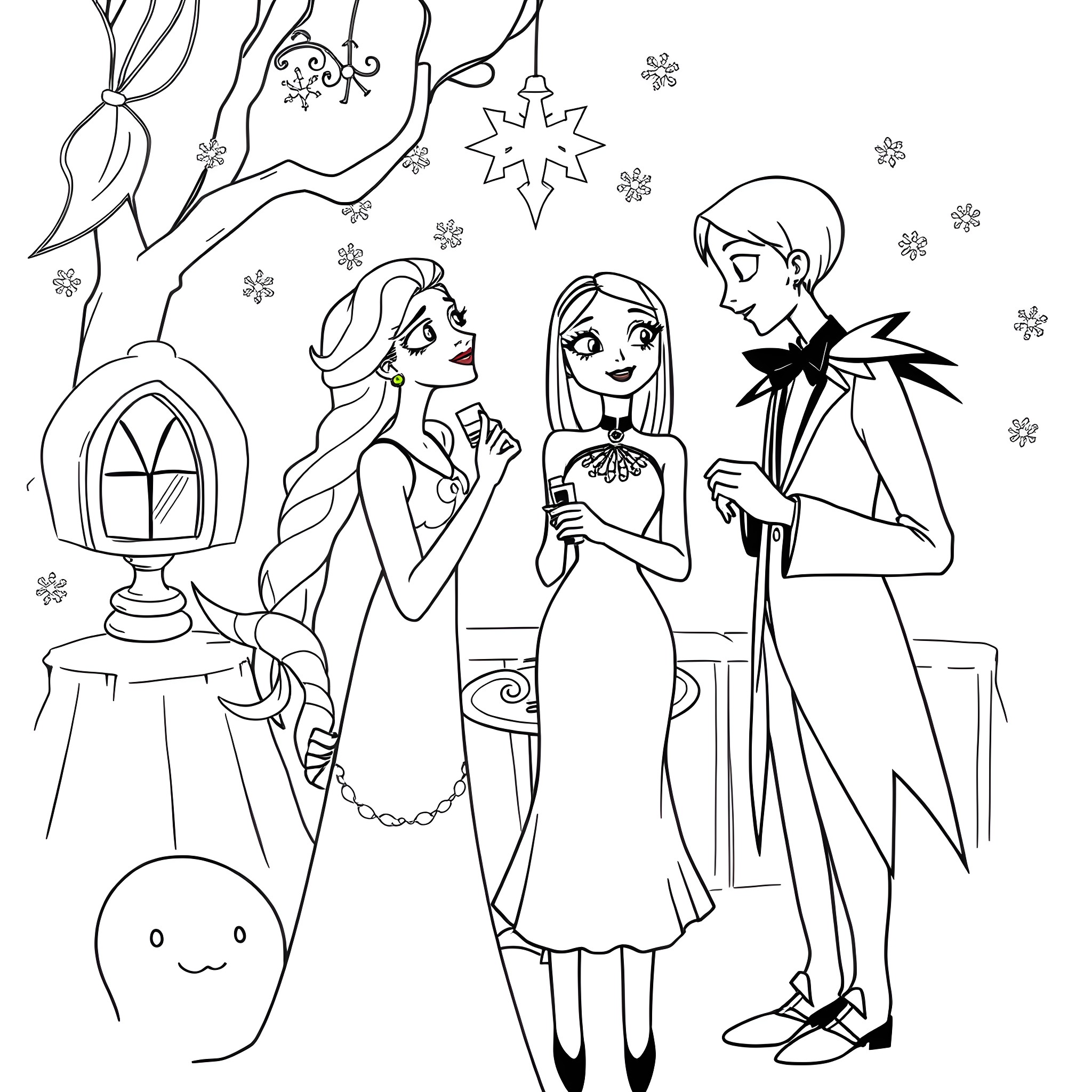 Wednesday winter gathering of friends in snowy garden Coloring Page (free black-and-white line drawing printable PDF for all, from beginners to advanced learners, including children, teens, adults, and seniors)