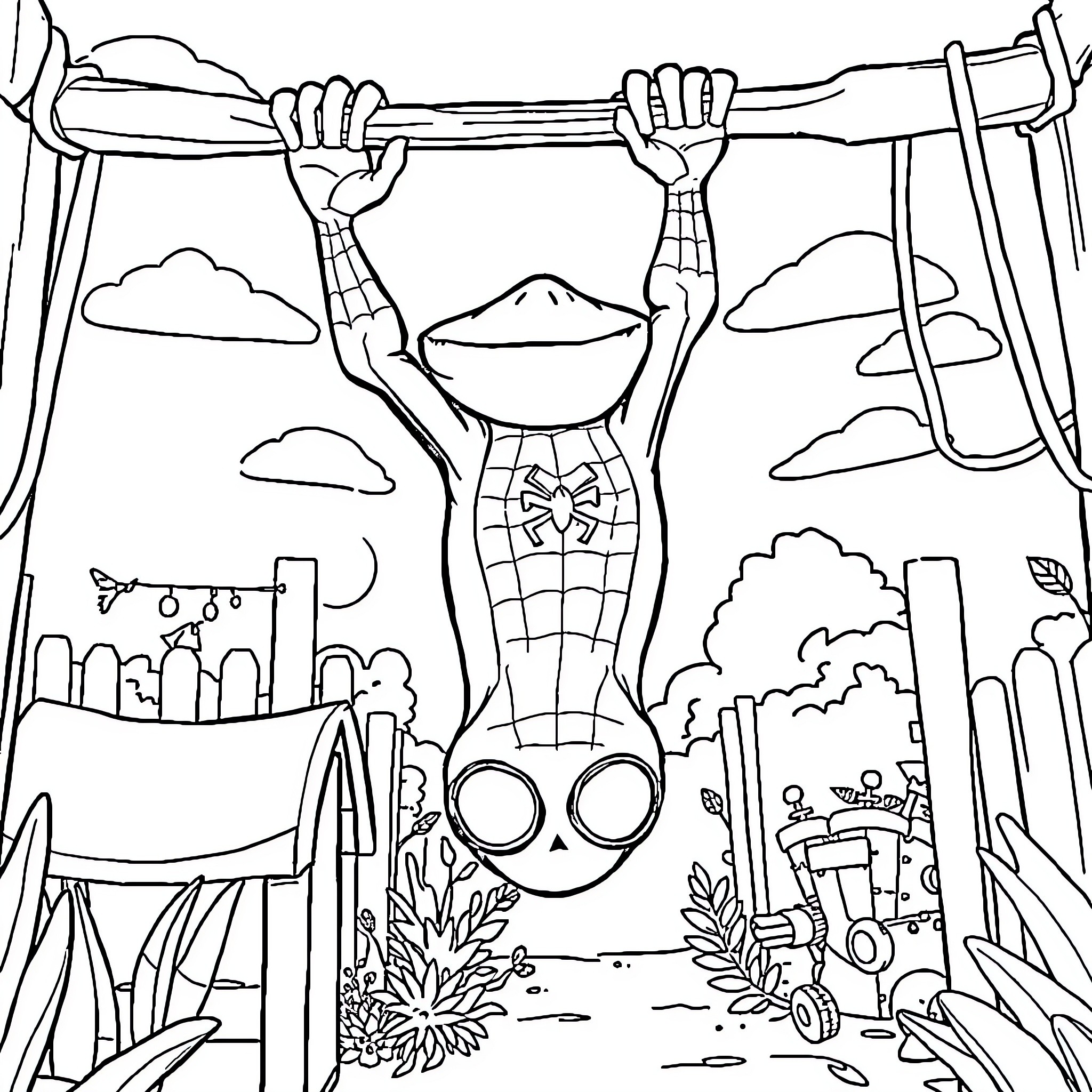 Spider-Man's Daring Maneuver in the City Skyline Coloring Page (free black-and-white line drawing printable PDF for all, from beginners to advanced learners, including children, teens, adults, and seniors)