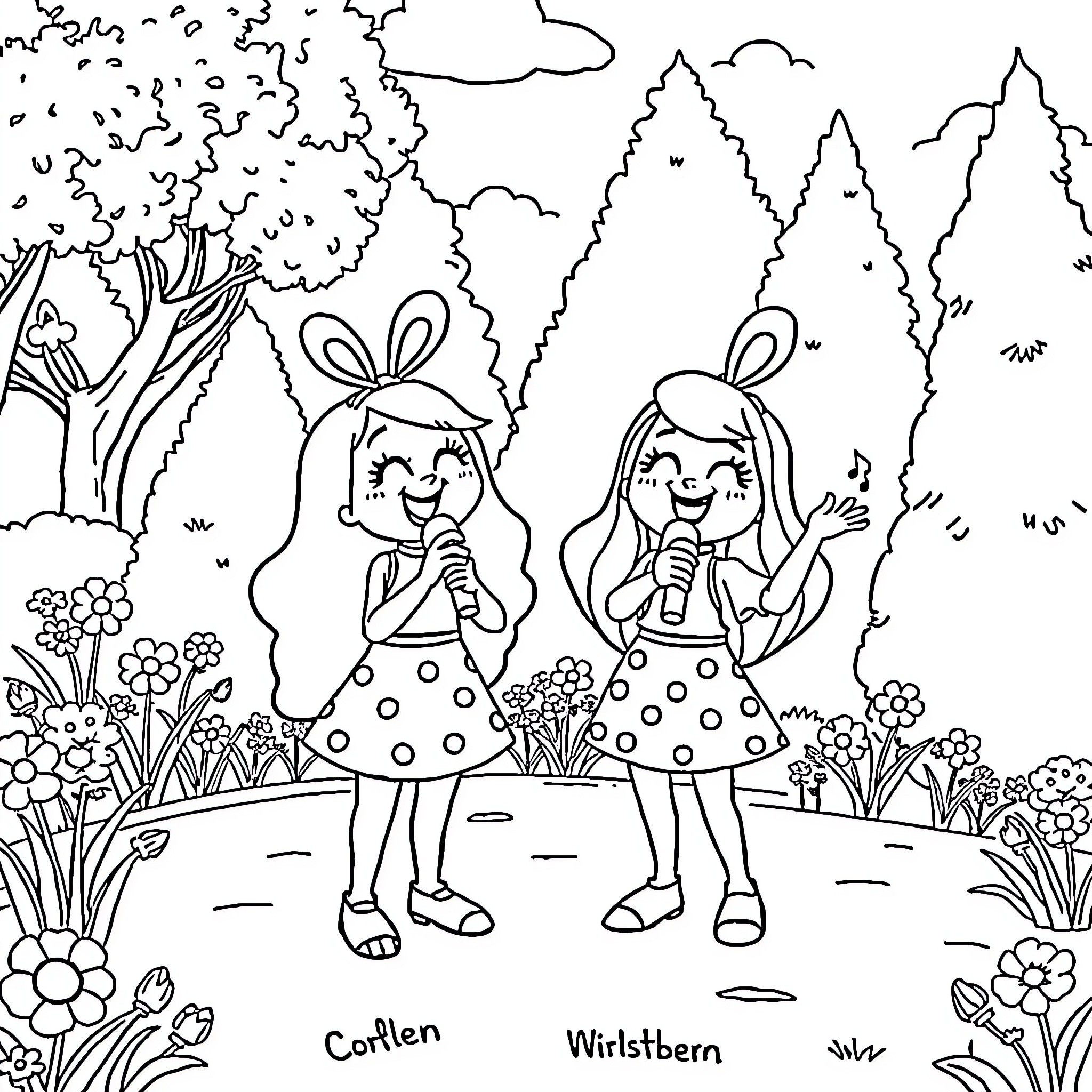 Bluey and Bingo Enjoying the Outdoors Coloring Page (free black-and-white line drawing printable PDF for all, from beginners to advanced learners, including children, teens, adults, and seniors)