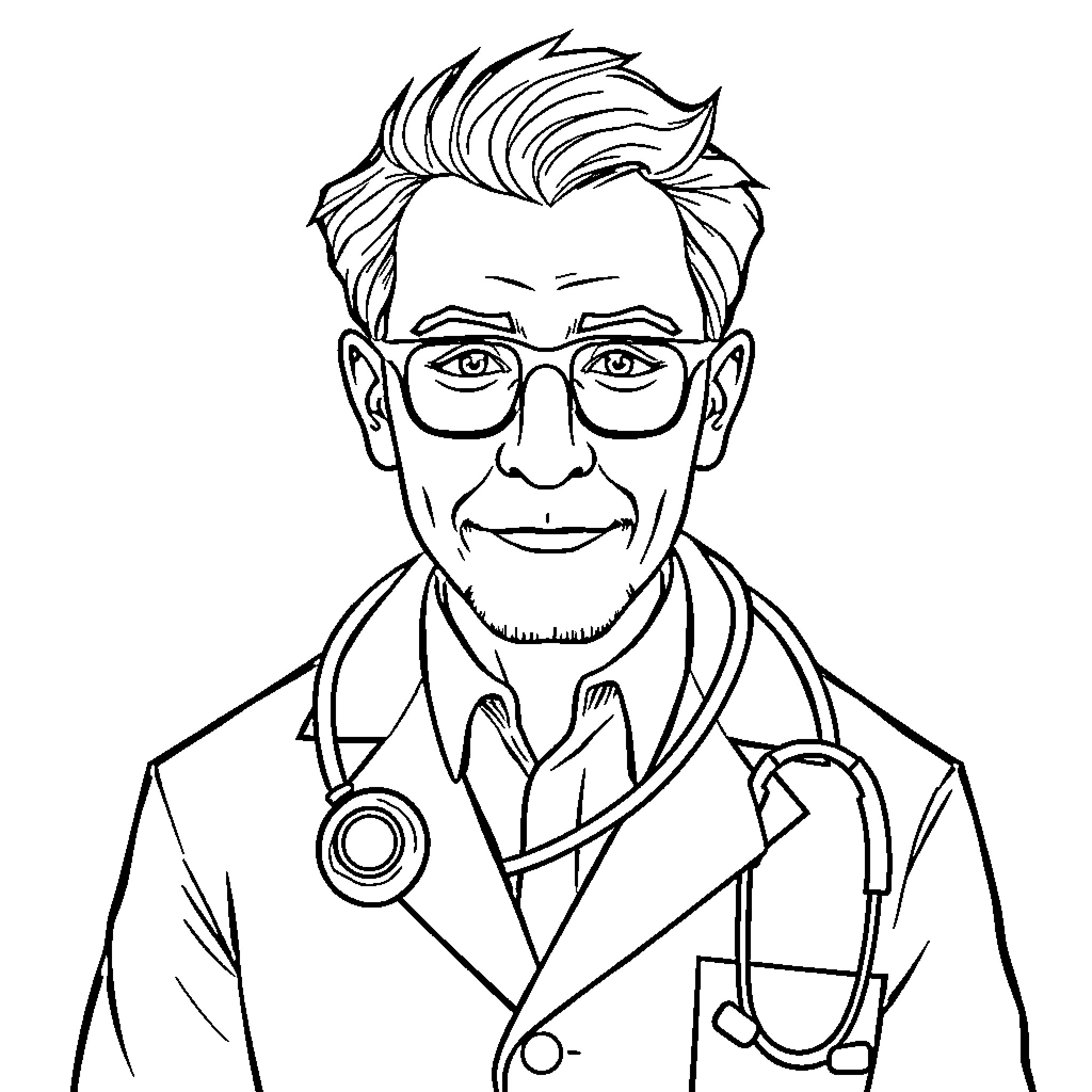 Doctor Examining Carefully with Stethoscope Coloring Page (free black-and-white line drawing printable PDF for all, from beginners to advanced learners, including children, teens, adults, and seniors)