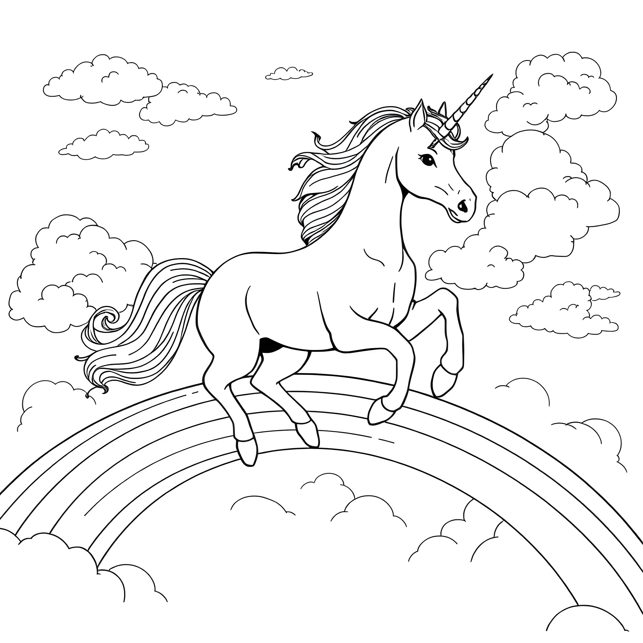 Unicorn galloping over a rainbow in the sky Coloring Page (free black-and-white line drawing printable PDF for all, from beginners to advanced learners, including children, teens, adults, and seniors)