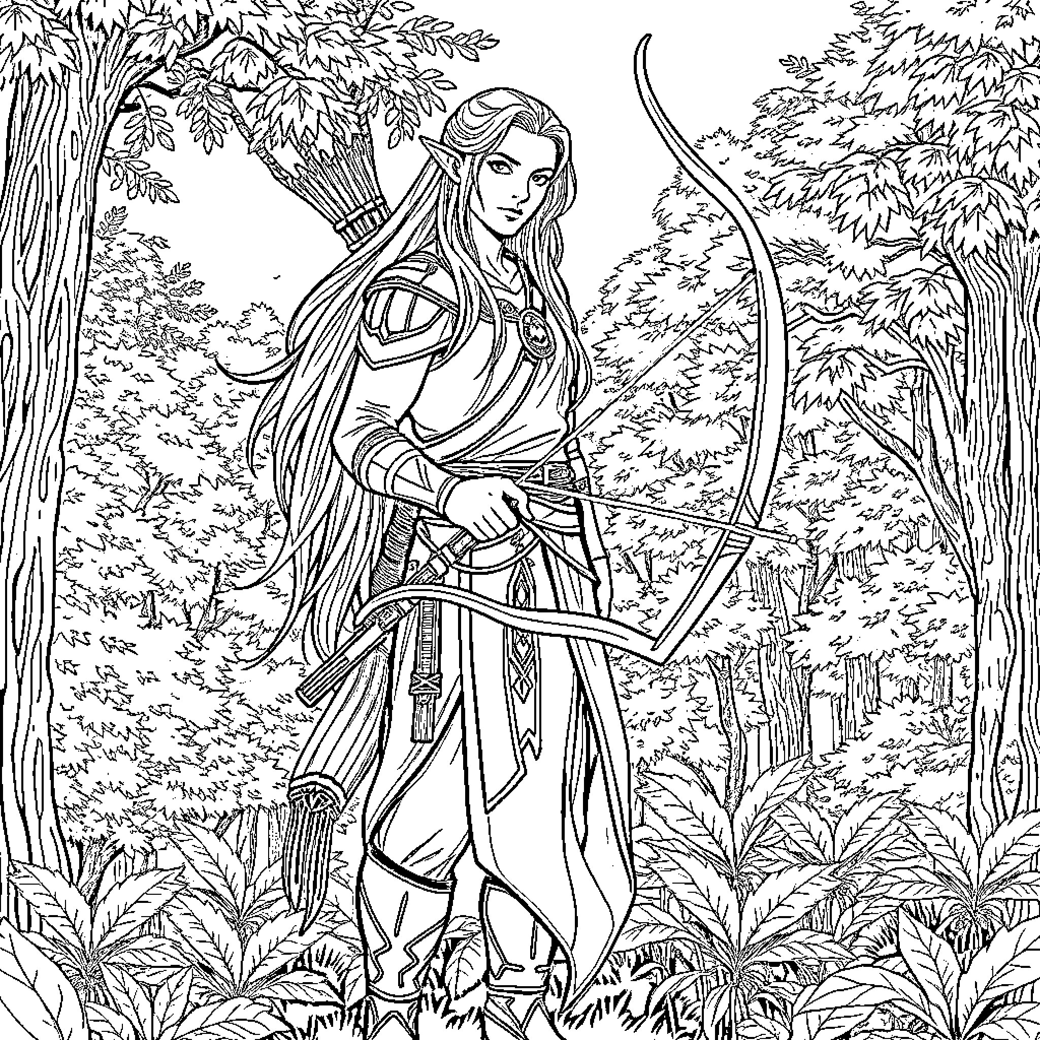 Legolas, the Elven Archer, in the Enchanted Forest Coloring Page (free black-and-white line drawing printable PDF for all, from beginners to advanced learners, including children, teens, adults, and seniors)