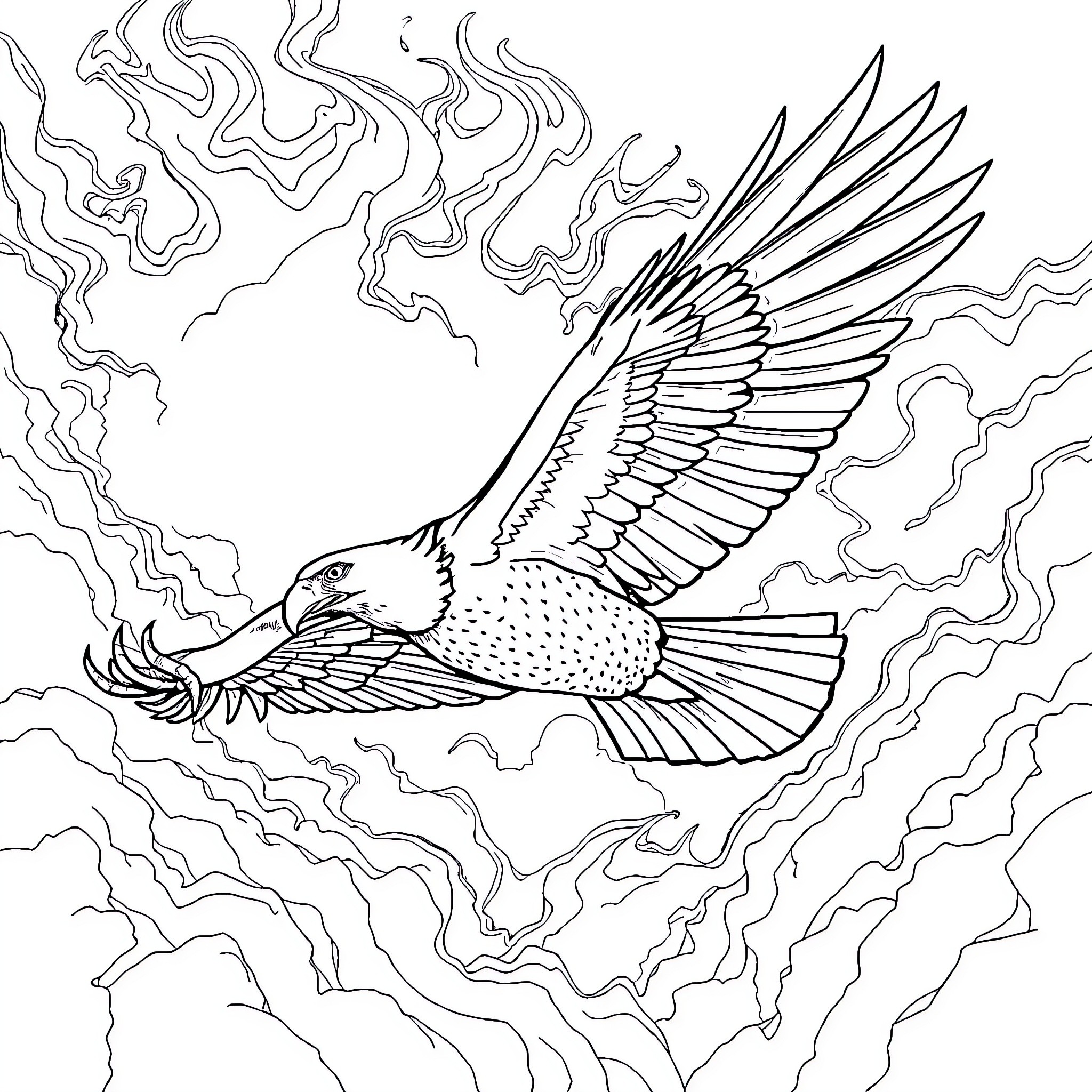 Eagle soaring through dramatic skies Coloring Page (free black-and-white line drawing printable PDF for all, from beginners to advanced learners, including children, teens, adults, and seniors)