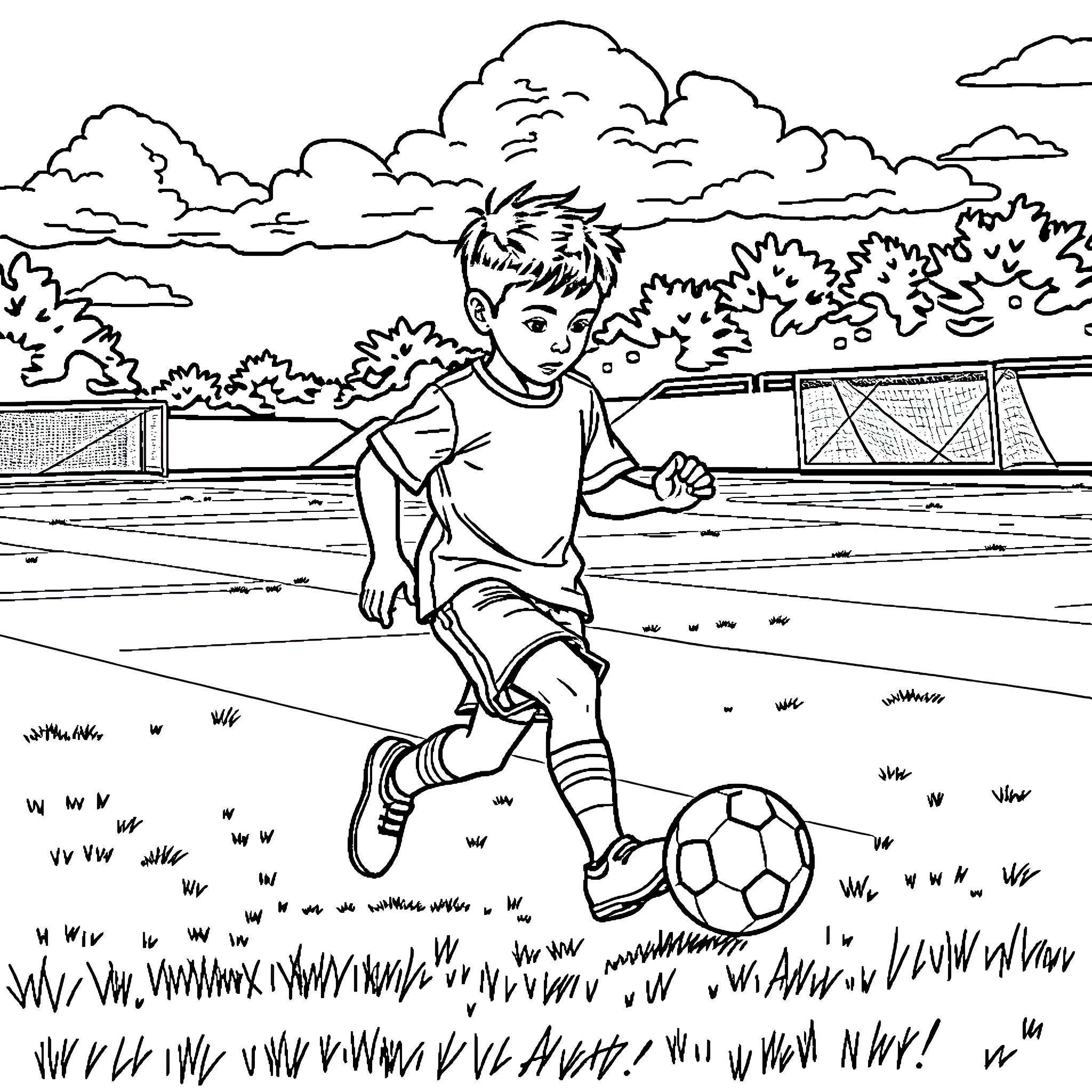 Boy playing soccer in a park Coloring Page (free black-and-white line drawing printable PDF for all, from beginners to advanced learners, including children, teens, adults, and seniors)
